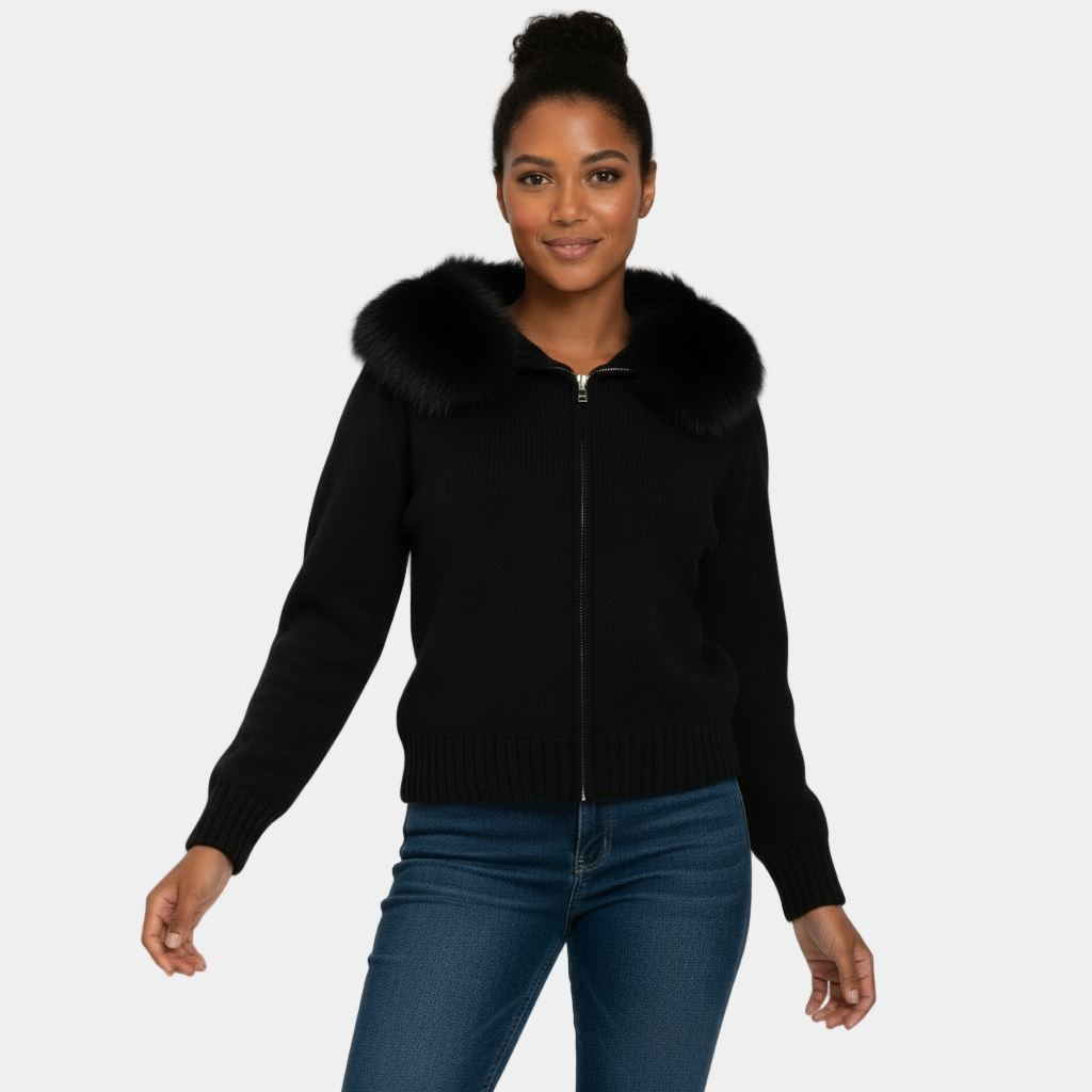 Hooded Faux-Fur Zip Cardigan for Women - Soft Knit Jacket for Casual Wear and Layering