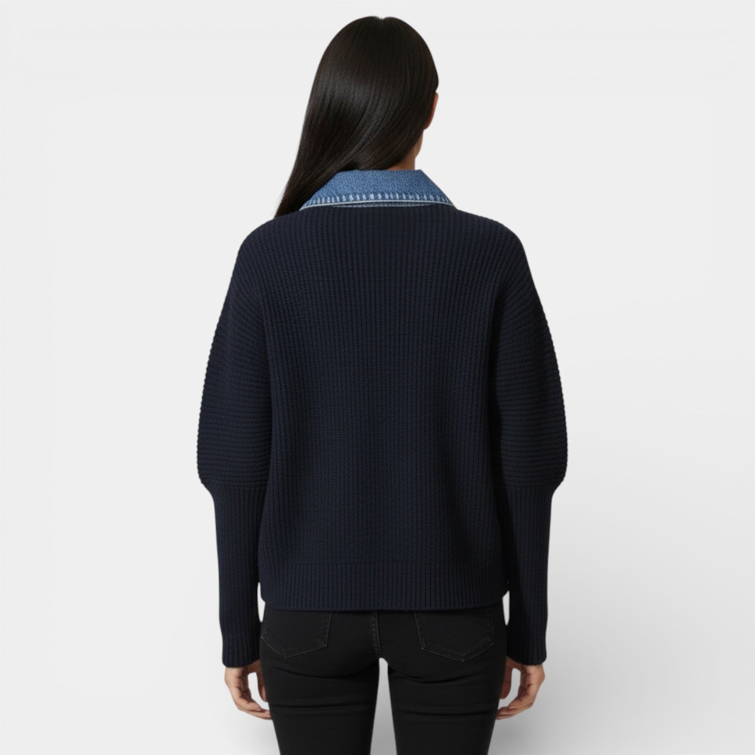 Knit Cardigan with Denim Collar - Button Front Jacket for Women - Casual Layering Piece for Everyday Wear