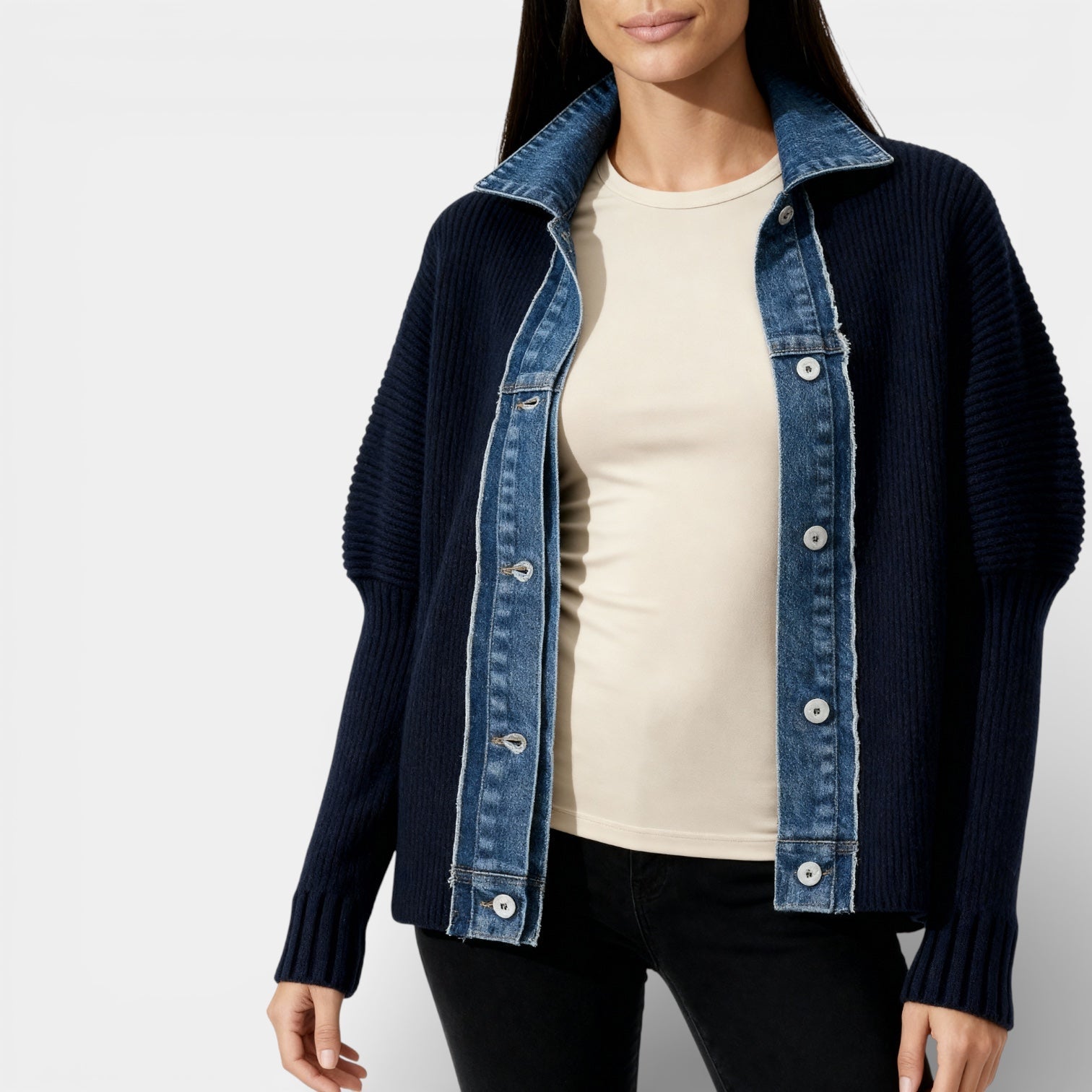 Knit Cardigan with Denim Collar - Button Front Jacket for Women - Casual Layering Piece for Everyday Wear