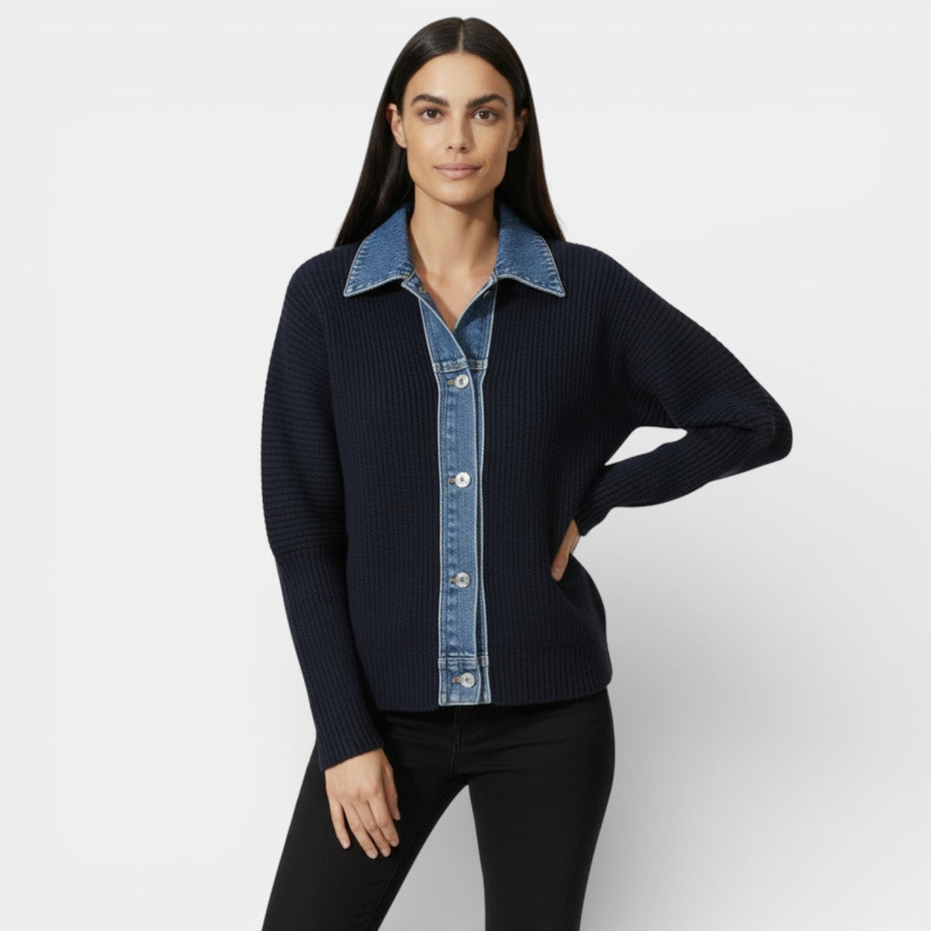 Knit Cardigan with Denim Collar - Button Front Jacket for Women - Casual Layering Piece for Everyday Wear