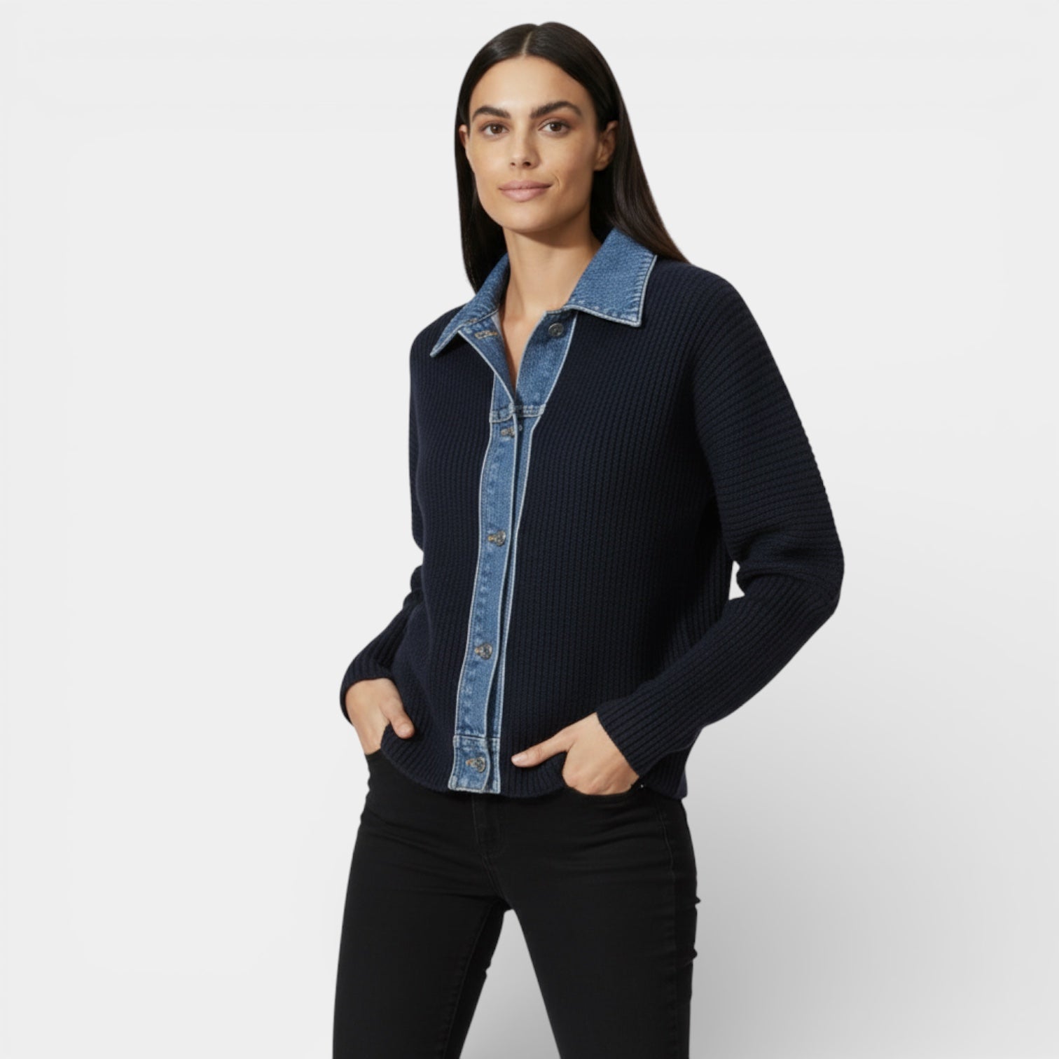 Knit Cardigan with Denim Collar - Button Front Jacket for Women - Casual Layering Piece for Everyday Wear