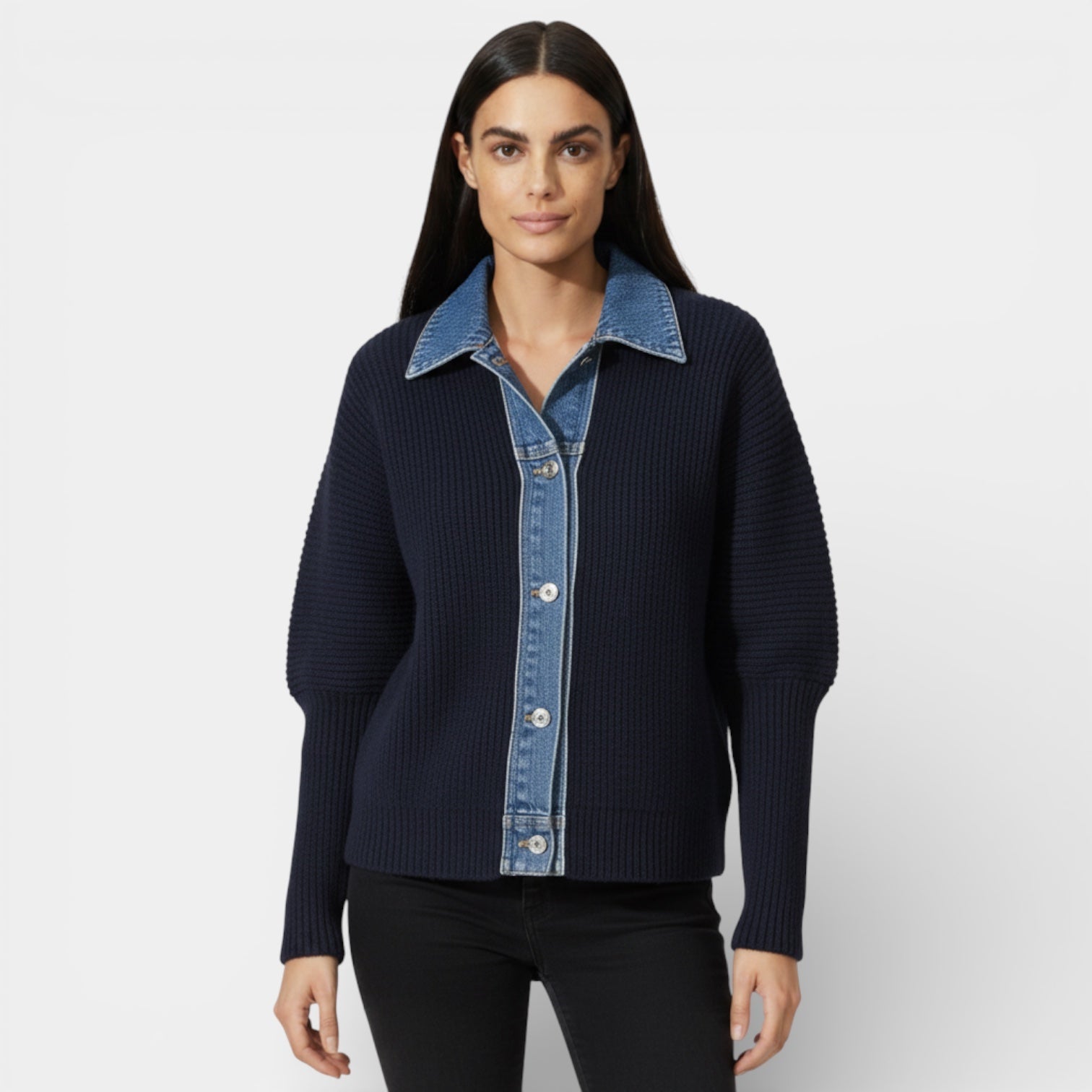 Knit Cardigan with Denim Collar - Button Front Jacket for Women - Casual Layering Piece for Everyday Wear