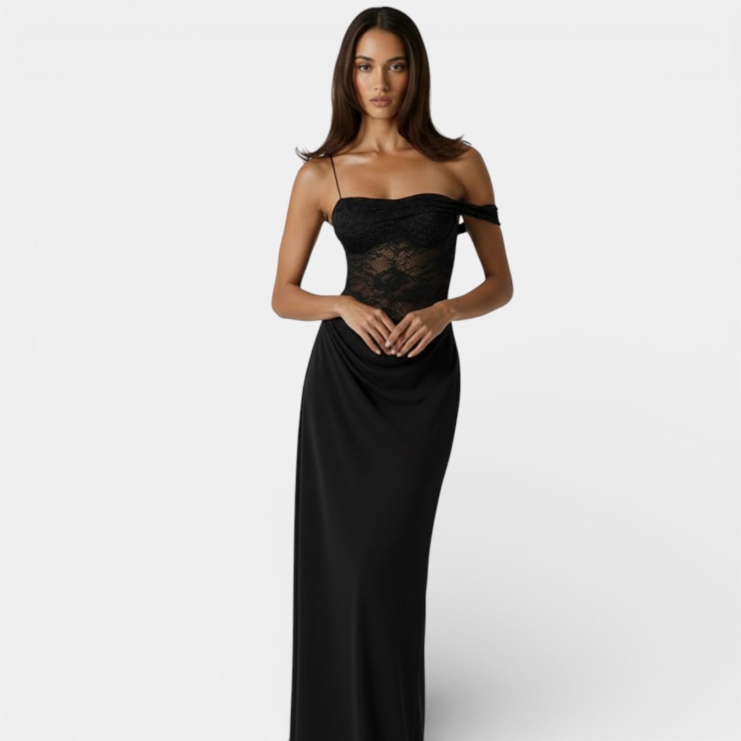 Lace Bodice Off-Shoulder Maxi Dress for Women – Elegant Evening Gown with Draped Design