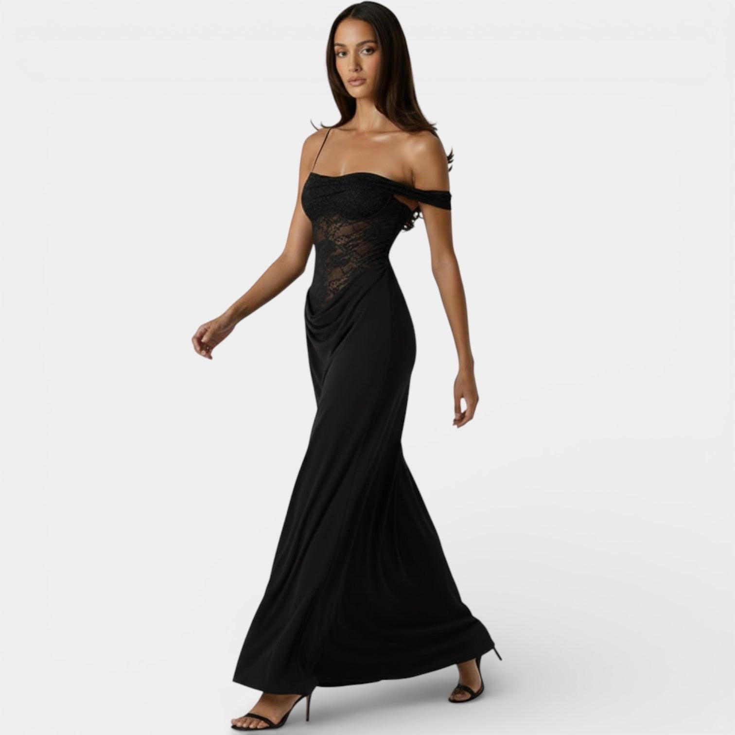 Lace Bodice Off-Shoulder Maxi Dress for Women – Elegant Evening Gown with Draped Design