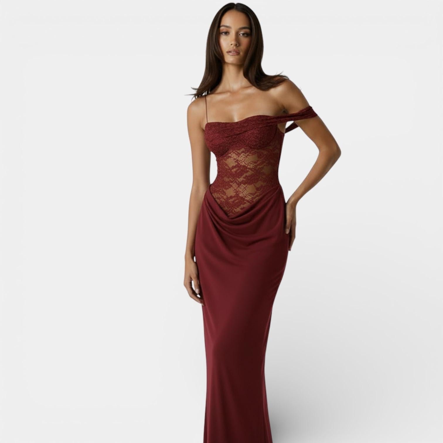 Lace Bodice Off-Shoulder Maxi Dress for Women – Elegant Evening Gown with Draped Design