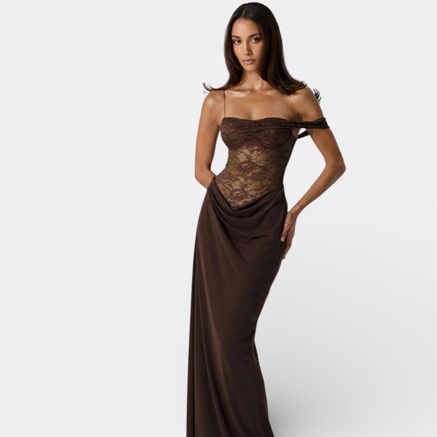 Lace Bodice Off-Shoulder Maxi Dress for Women – Elegant Evening Gown with Draped Design