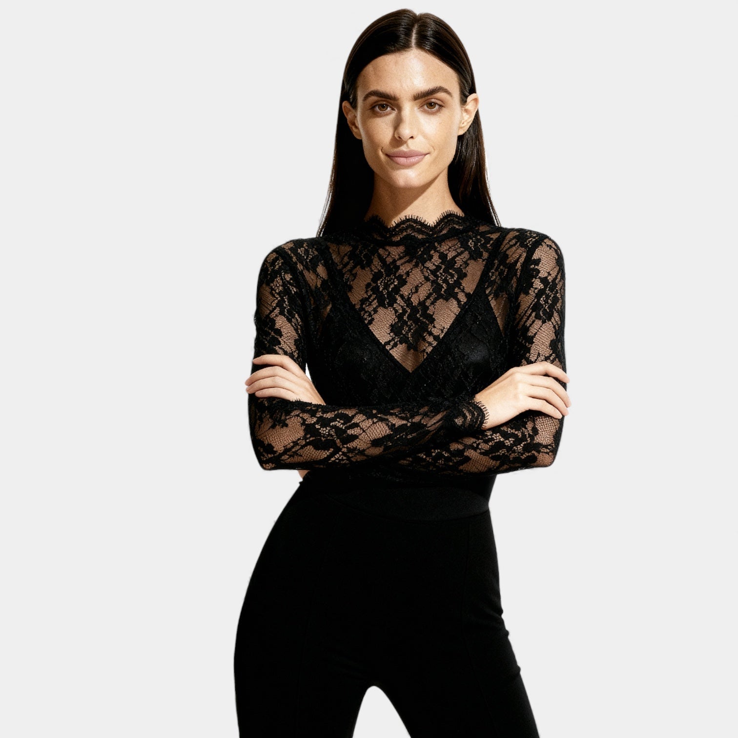 Lace Two Piece Evening Set - Mock Neck Bodysuit & Sheer Wide Leg Trousers for Women - Elegant Party Outfit