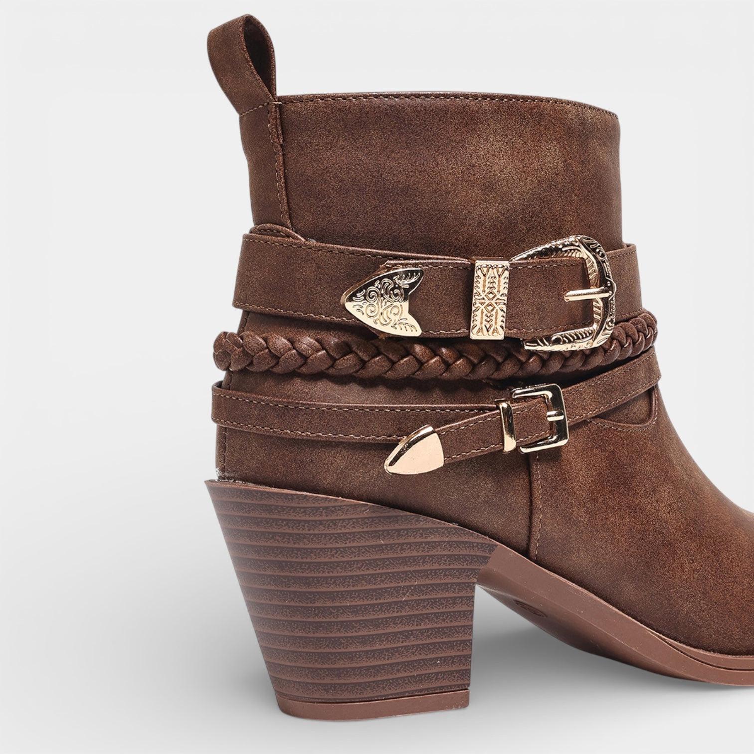 Leather Ankle Boots for Women with Buckle Detail – Mid Heel Stylish Footwear for Casual or Dressy Occasions