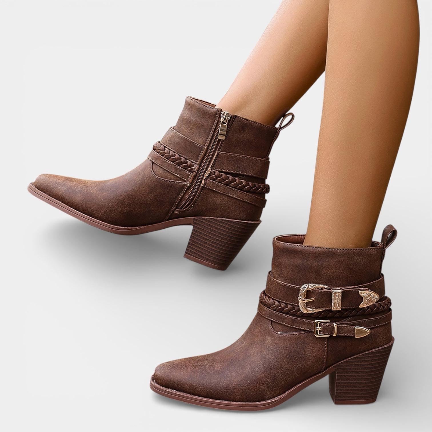 Leather Ankle Boots for Women with Buckle Detail – Mid Heel Stylish Footwear for Casual or Dressy Occasions