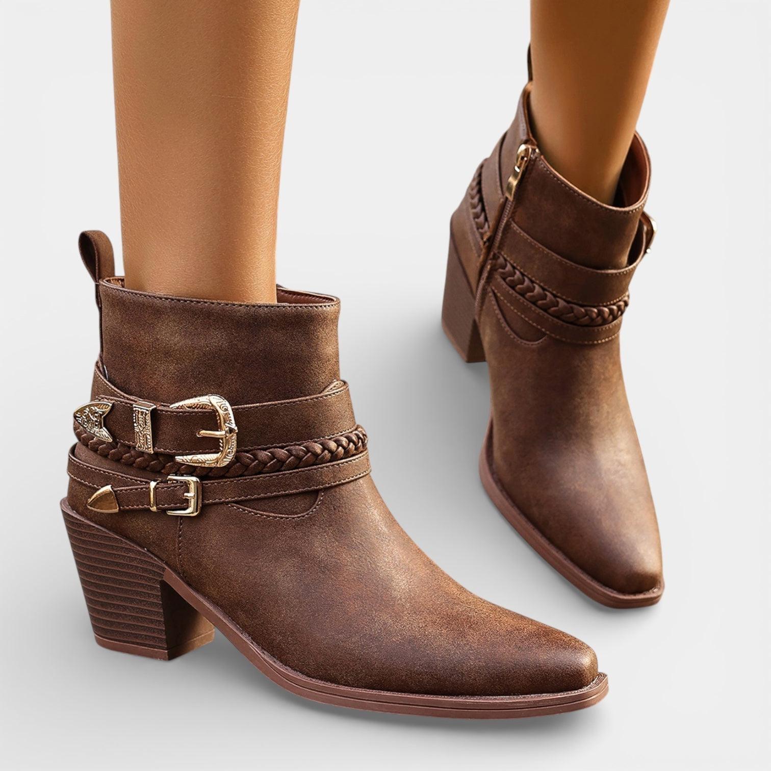 Leather Ankle Boots for Women with Buckle Detail – Mid Heel Stylish Footwear for Casual or Dressy Occasions