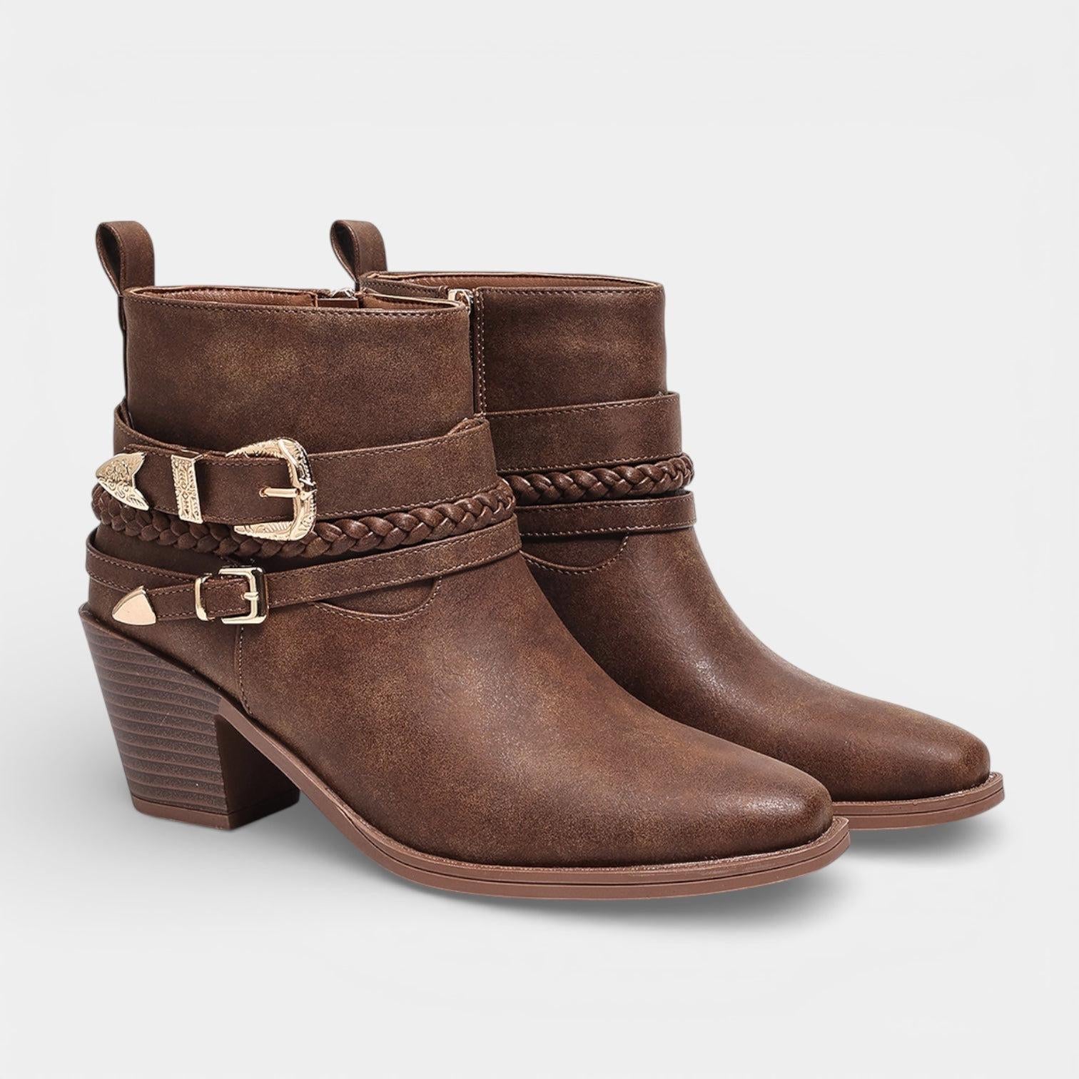 Leather Ankle Boots for Women with Buckle Detail – Mid Heel Stylish Footwear for Casual or Dressy Occasions
