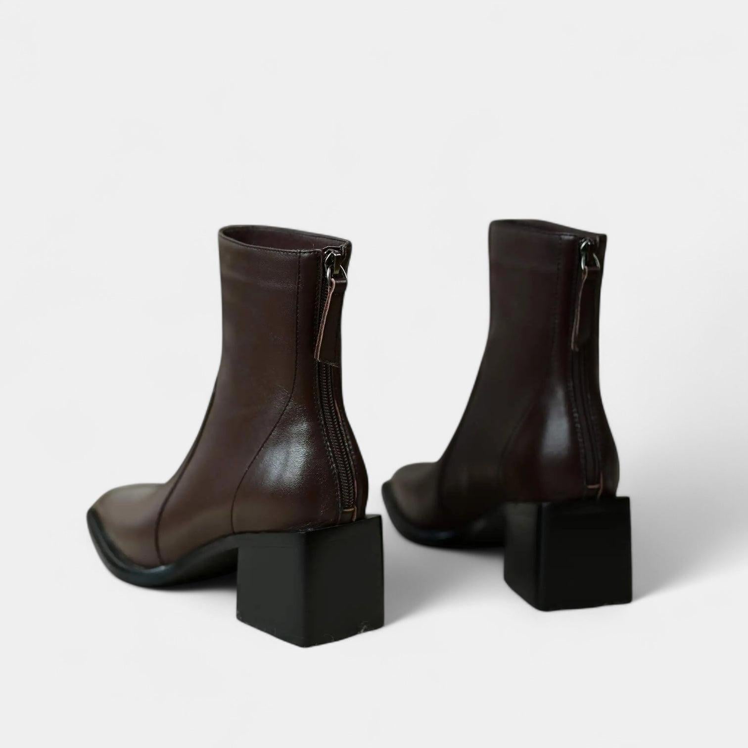 Leather Ankle Boots for Women with Squared-Point Design and Block Heel - Stylish Footwear for Everyday Wear