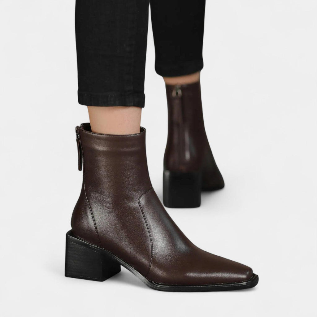 Leather Ankle Boots for Women with Squared-Point Design and Block Heel - Stylish Footwear for Everyday Wear