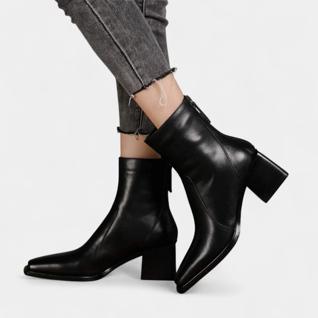 Leather Ankle Boots for Women with Squared-Point Design and Block Heel - Stylish Footwear for Everyday Wear