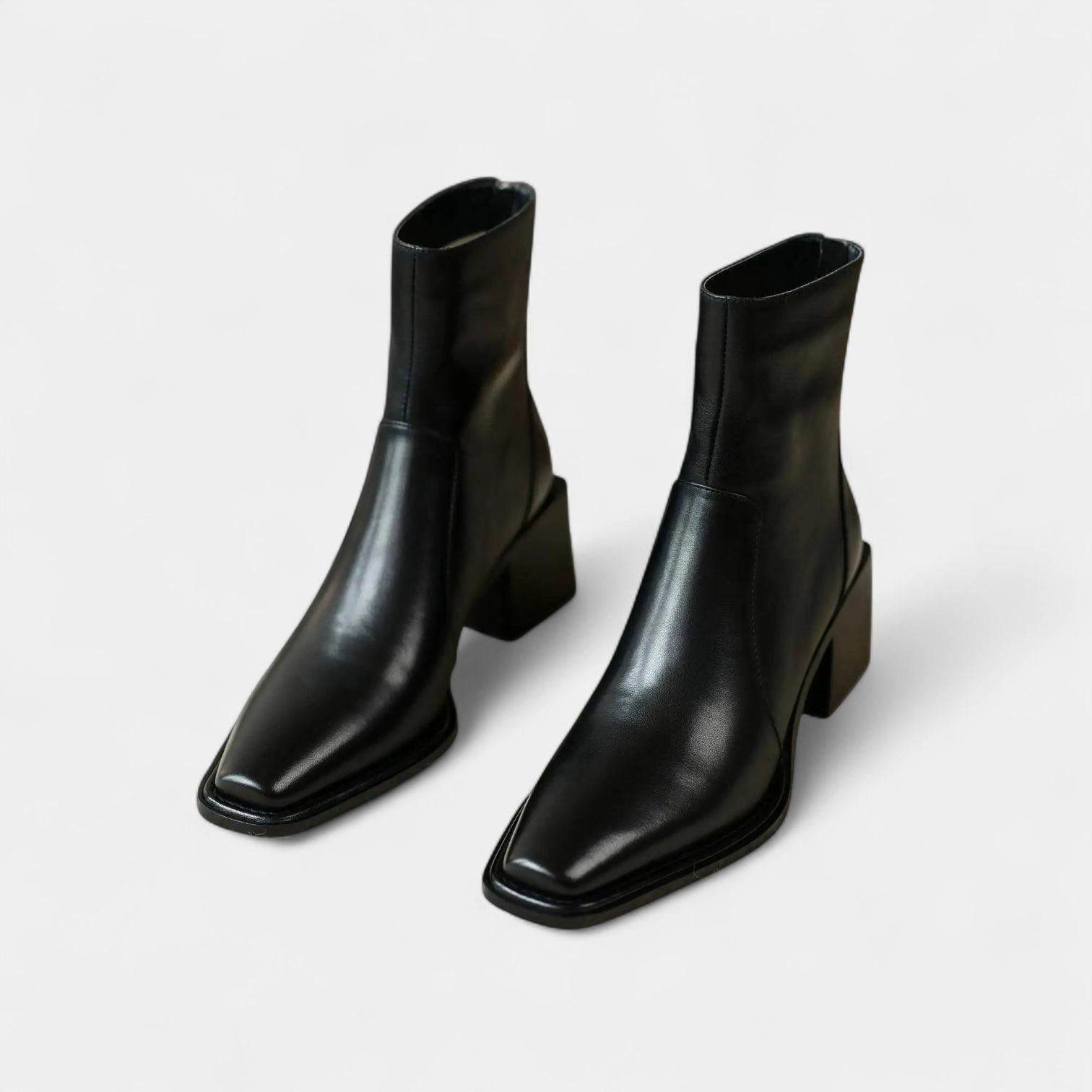 Leather Ankle Boots for Women with Squared-Point Design and Block Heel - Stylish Footwear for Everyday Wear