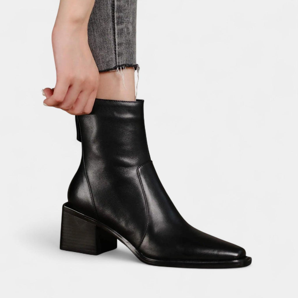 Leather Ankle Boots for Women with Squared-Point Design and Block Heel - Stylish Footwear for Everyday Wear