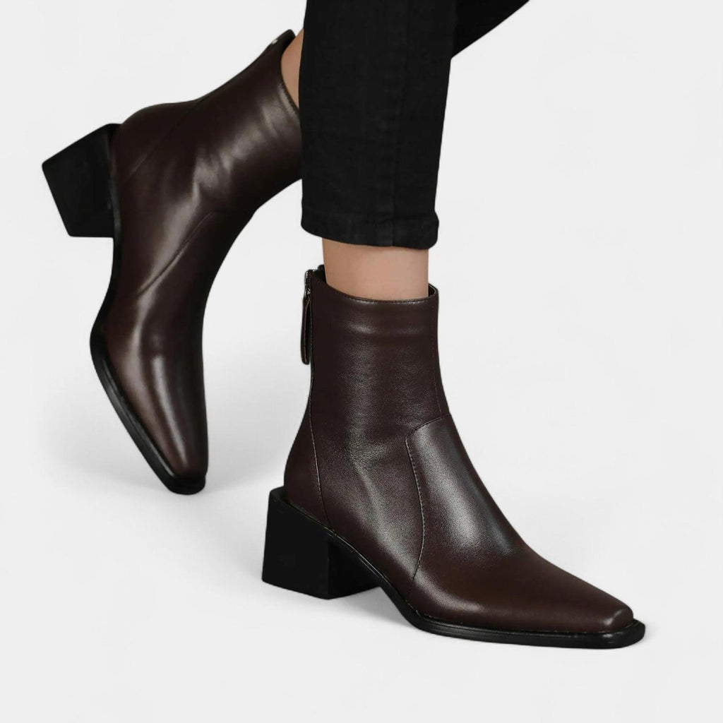 Leather Ankle Boots for Women with Squared-Point Design and Block Heel - Stylish Footwear for Everyday Wear