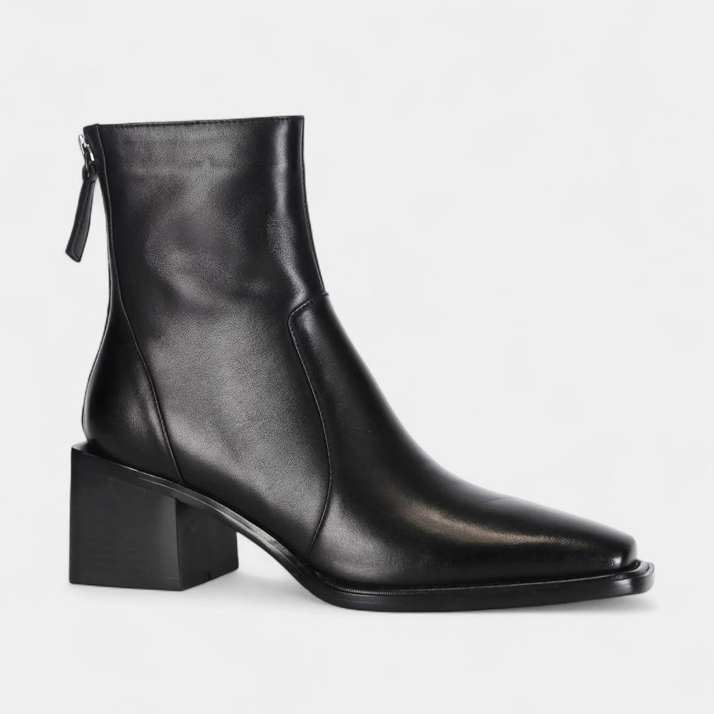 Leather Ankle Boots for Women with Squared-Point Design and Block Heel - Stylish Footwear for Everyday Wear
