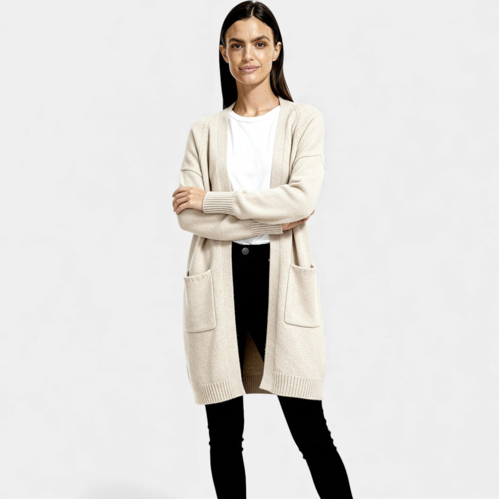 Long Wool Knit Cardigan for Women – Open Front Design for Layering and Everyday Wear
