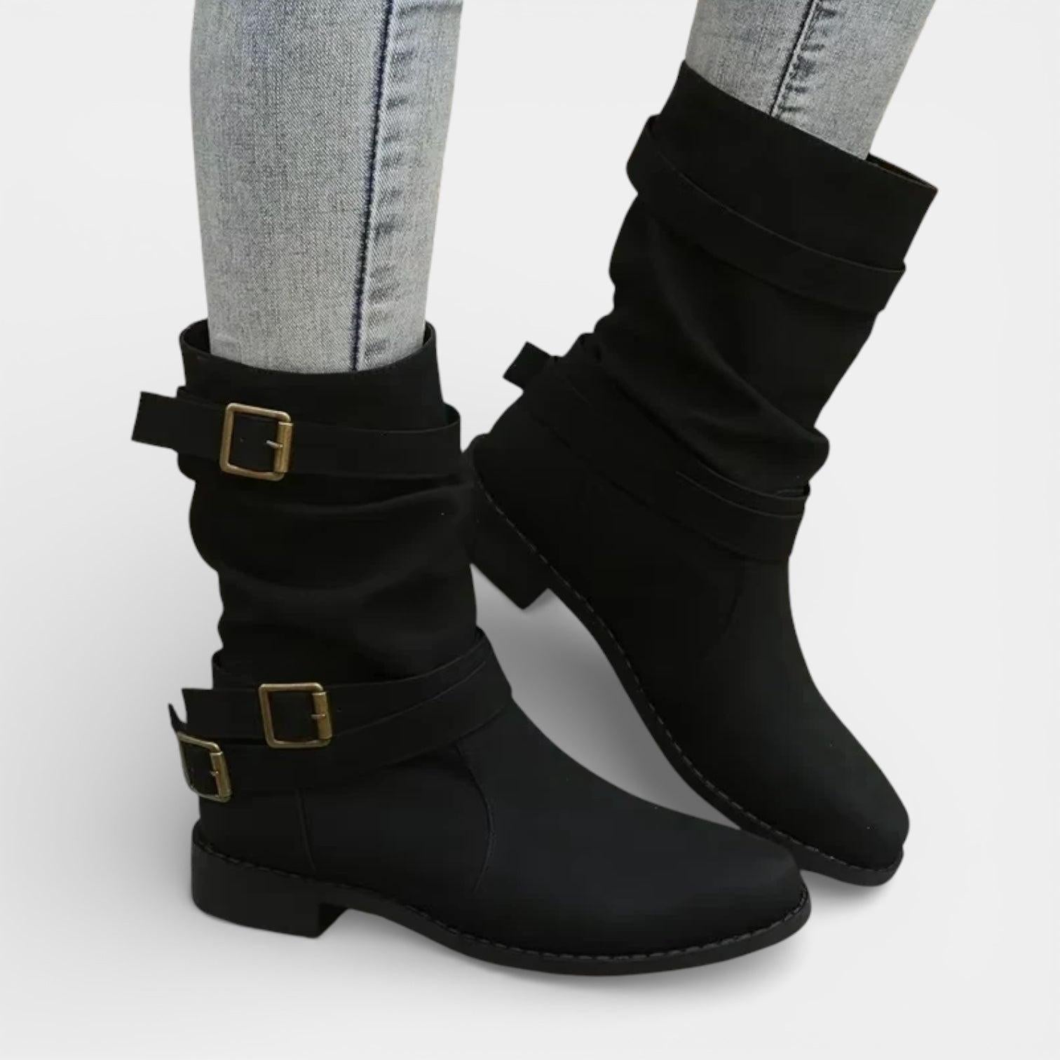 Mid-Calf Buckle Boots for Women – Casual Comfort Footwear in Durable Materials for Everyday Wear