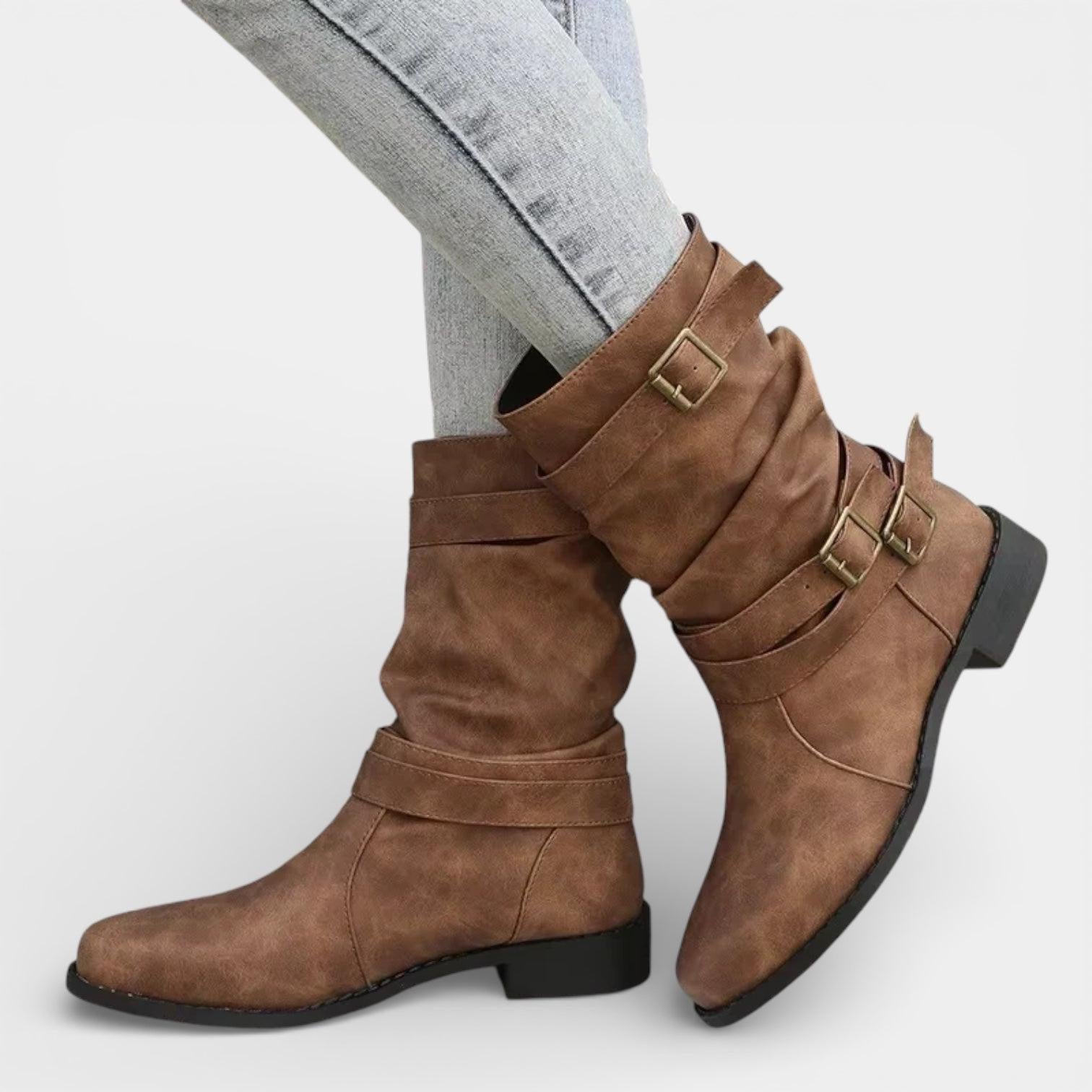 Mid-Calf Buckle Boots for Women – Casual Comfort Footwear in Durable Materials for Everyday Wear