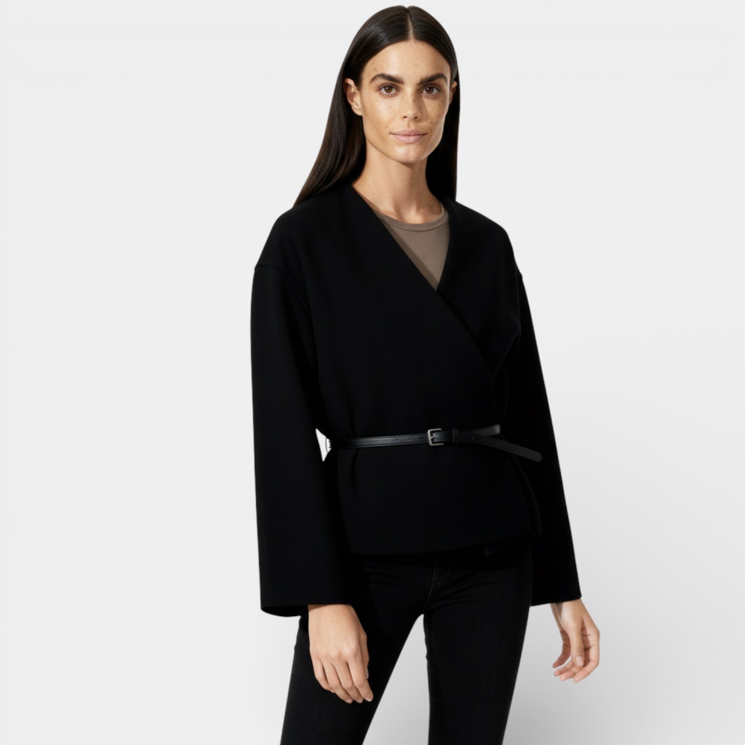 Minimalist Women's Wrap Cardigan with Vegan Leather Belt for Casual Wear and Layering