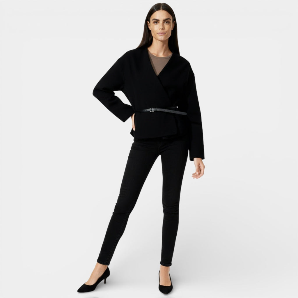 Minimalist Women's Wrap Cardigan with Vegan Leather Belt for Casual Wear and Layering