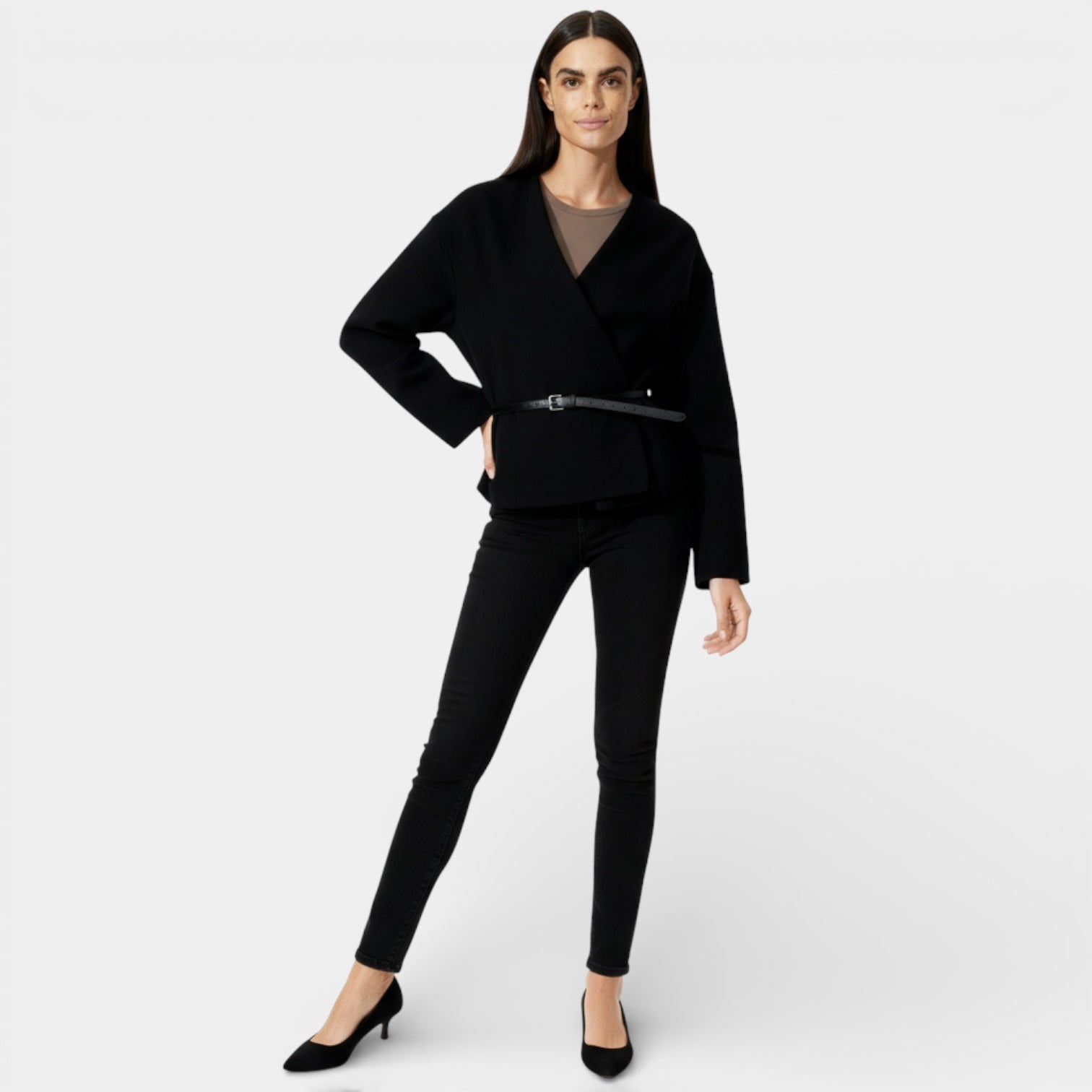Minimalist Women's Wrap Cardigan with Vegan Leather Belt for Casual Wear and Layering