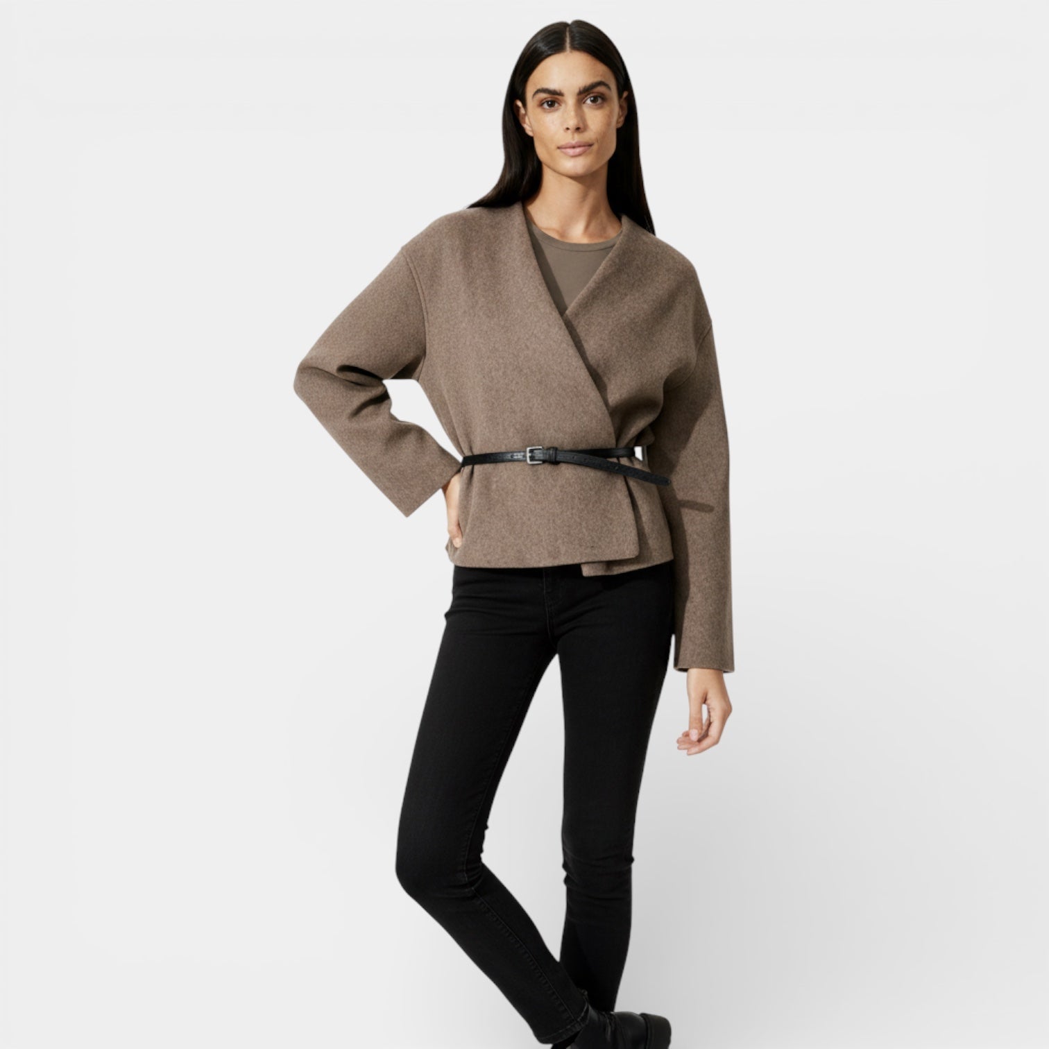 Minimalist Women's Wrap Cardigan with Vegan Leather Belt for Casual Wear and Layering