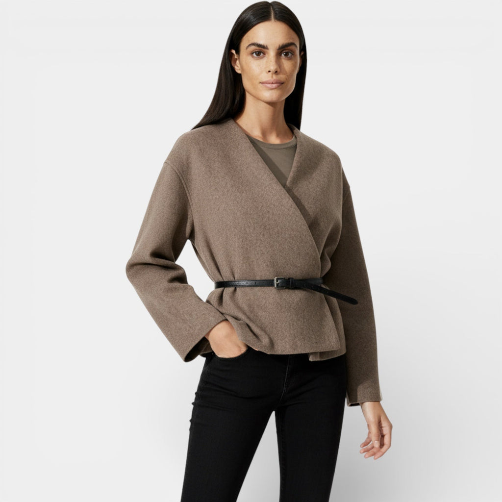 Minimalist Women's Wrap Cardigan with Vegan Leather Belt for Casual Wear and Layering