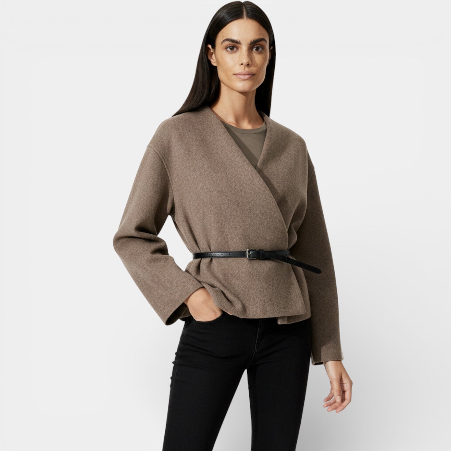 Minimalist Women's Wrap Cardigan with Vegan Leather Belt for Casual Wear and Layering