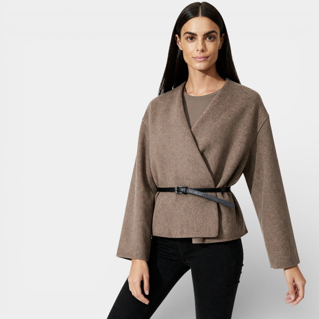 Minimalist Women's Wrap Cardigan with Vegan Leather Belt for Casual Wear and Layering