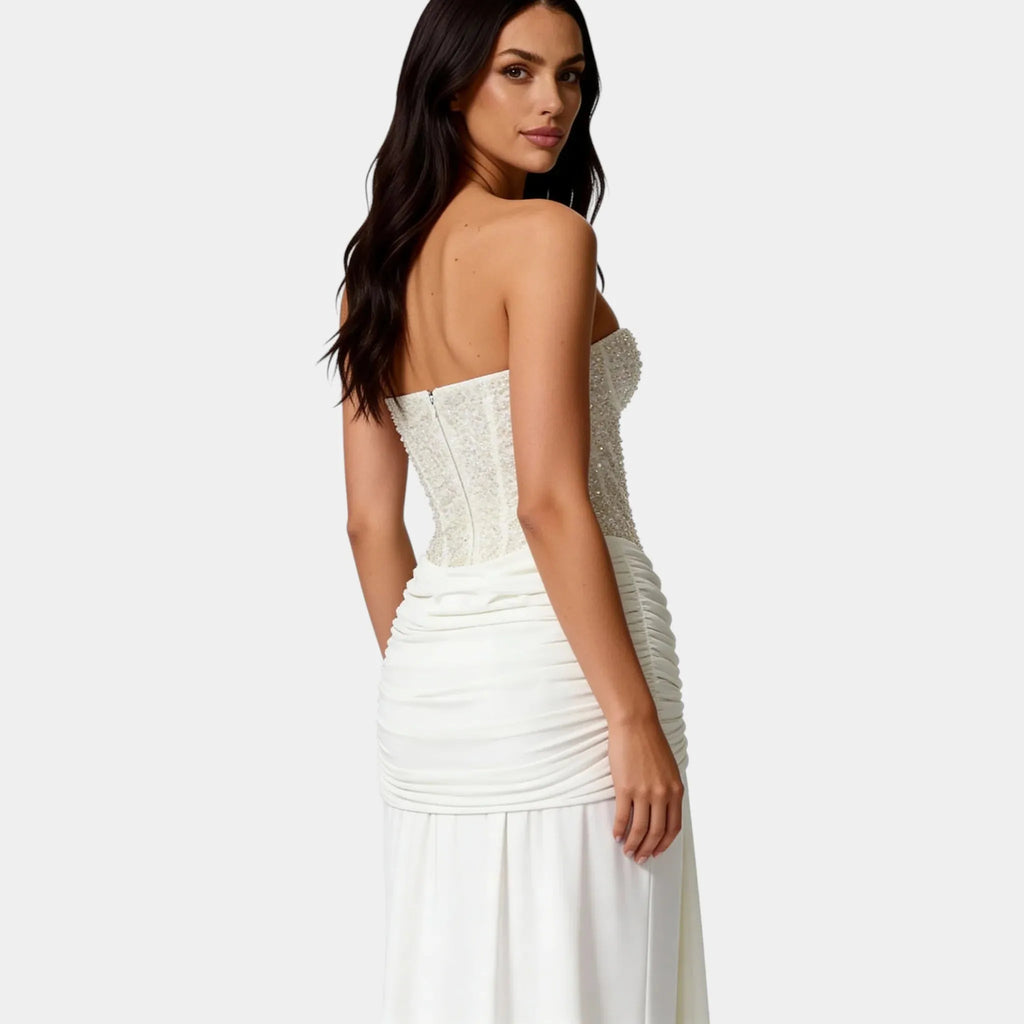 Off Shoulder Glitter Maxi Dress - Strapless Backless Evening Gown for Women