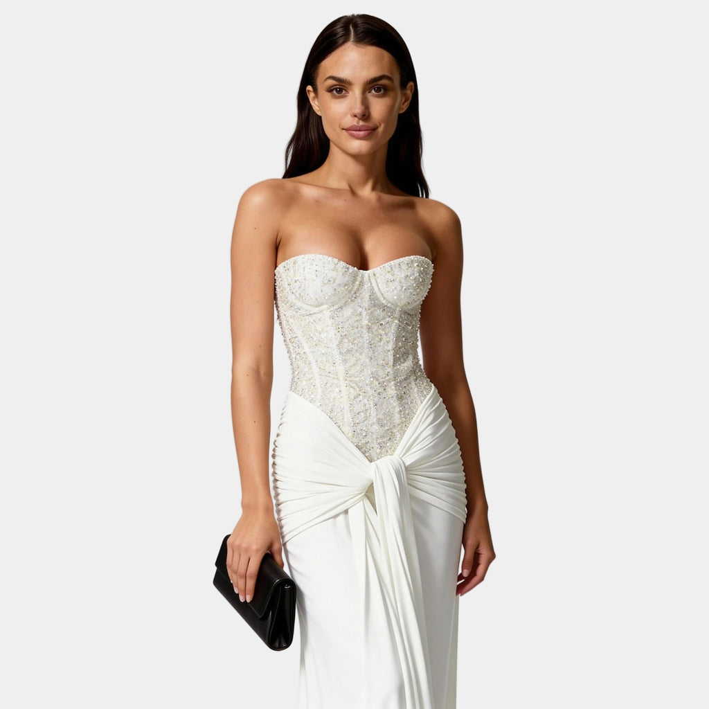 Off Shoulder Glitter Maxi Dress - Strapless Backless Evening Gown for Women