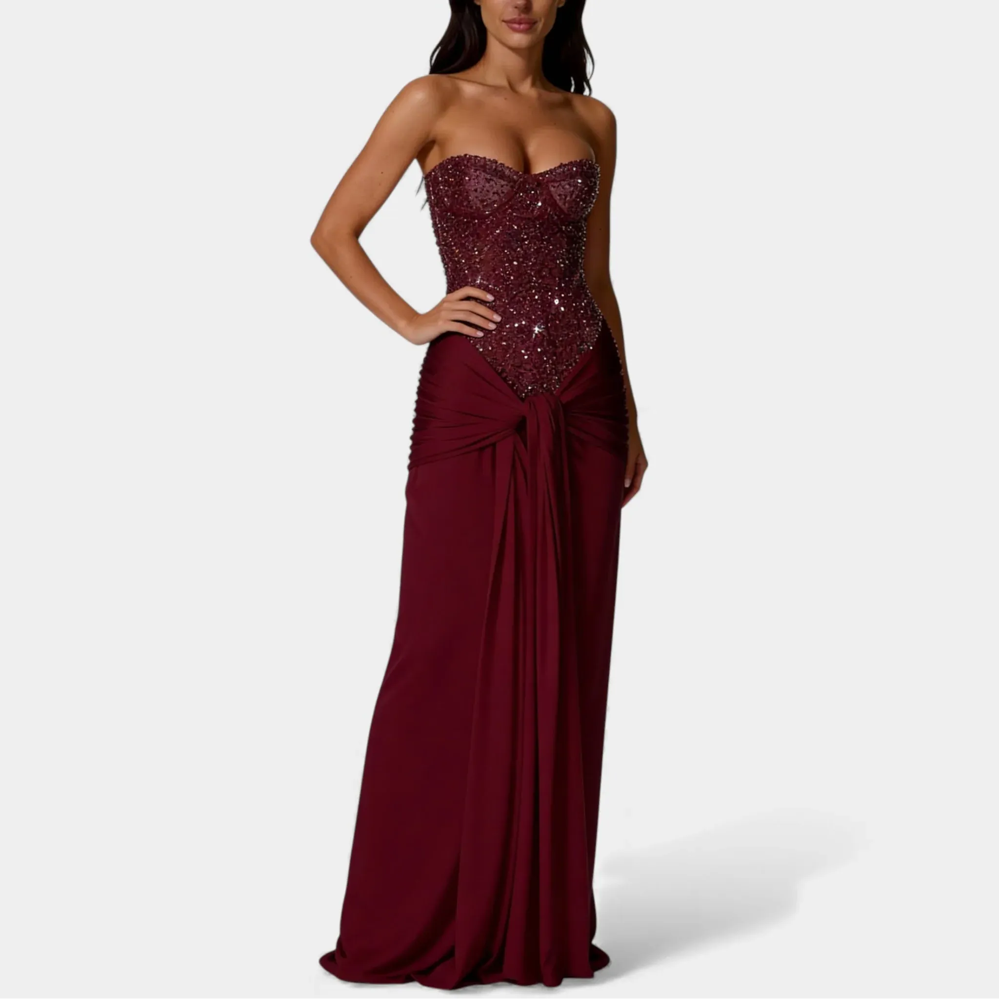 Off Shoulder Glitter Maxi Dress - Strapless Backless Evening Gown for Women