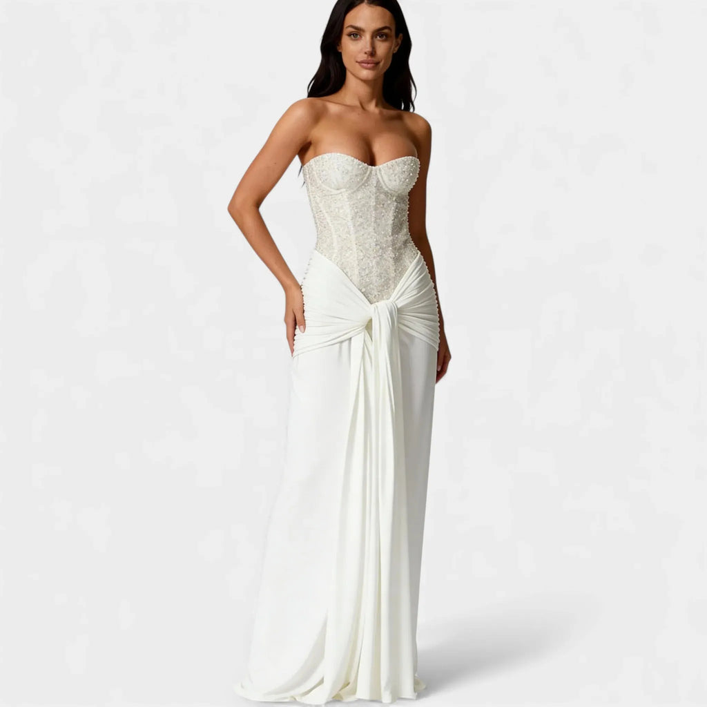 Off Shoulder Glitter Maxi Dress - Strapless Backless Evening Gown for Women