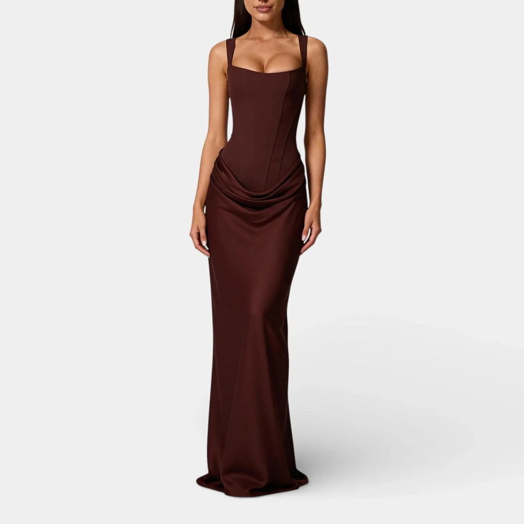 Off-Shoulder Pleated Maxi Dress for Women - Square Neck, Elegant Evening Wear, Lightweight Fabric, Perfect for Special Occasions