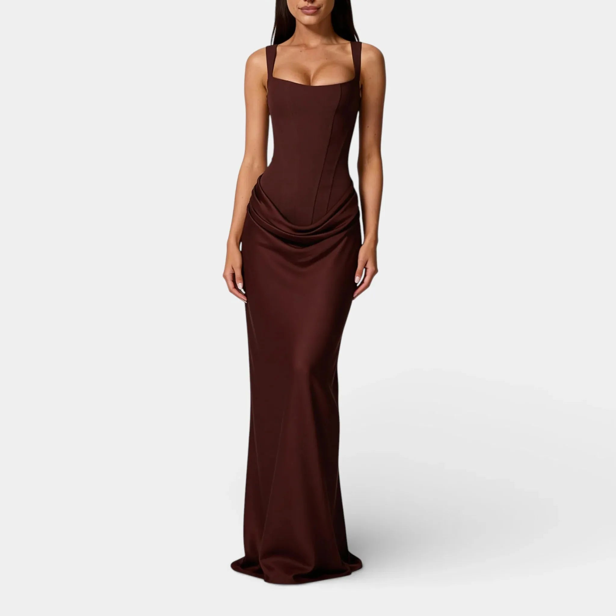 Off-Shoulder Pleated Maxi Dress for Women - Square Neck, Elegant Evening Wear, Lightweight Fabric, Perfect for Special Occasions