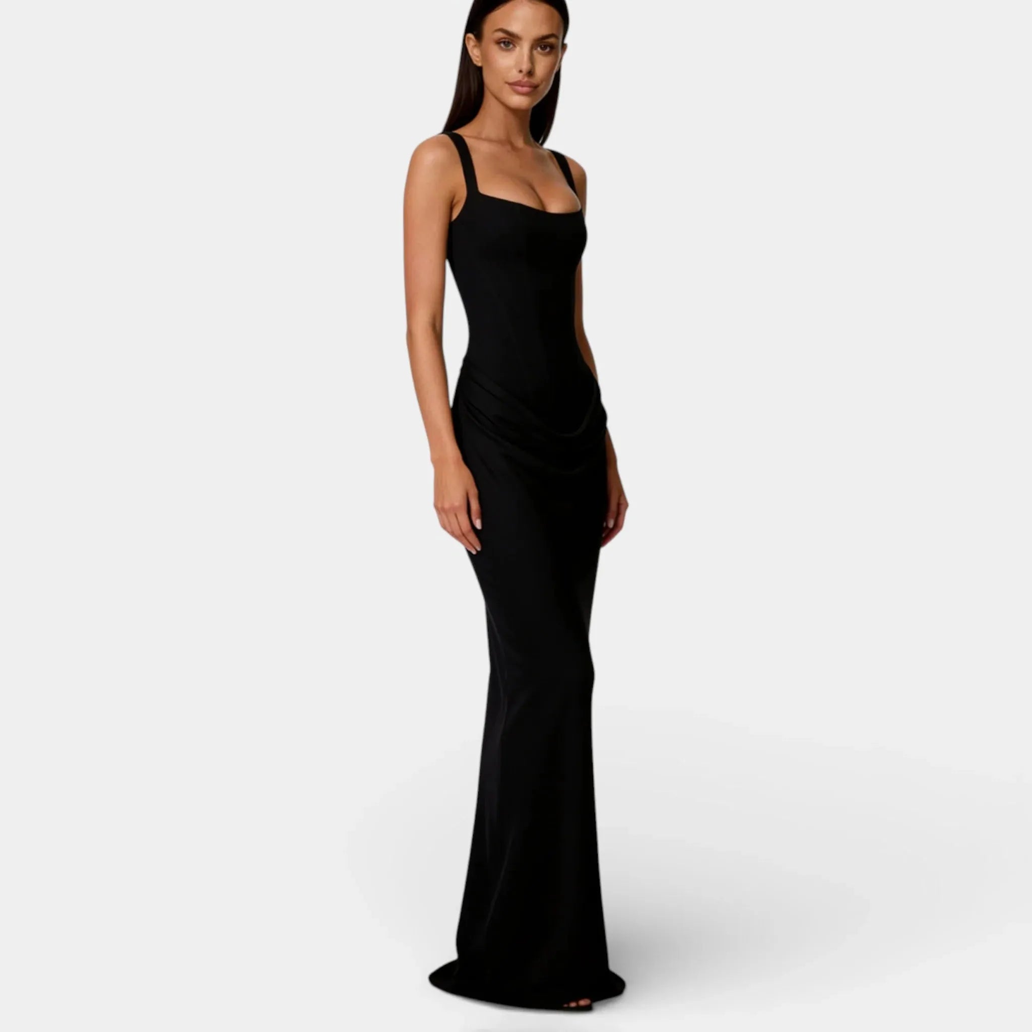 Off-Shoulder Pleated Maxi Dress for Women - Square Neck, Elegant Evening Wear, Lightweight Fabric, Perfect for Special Occasions