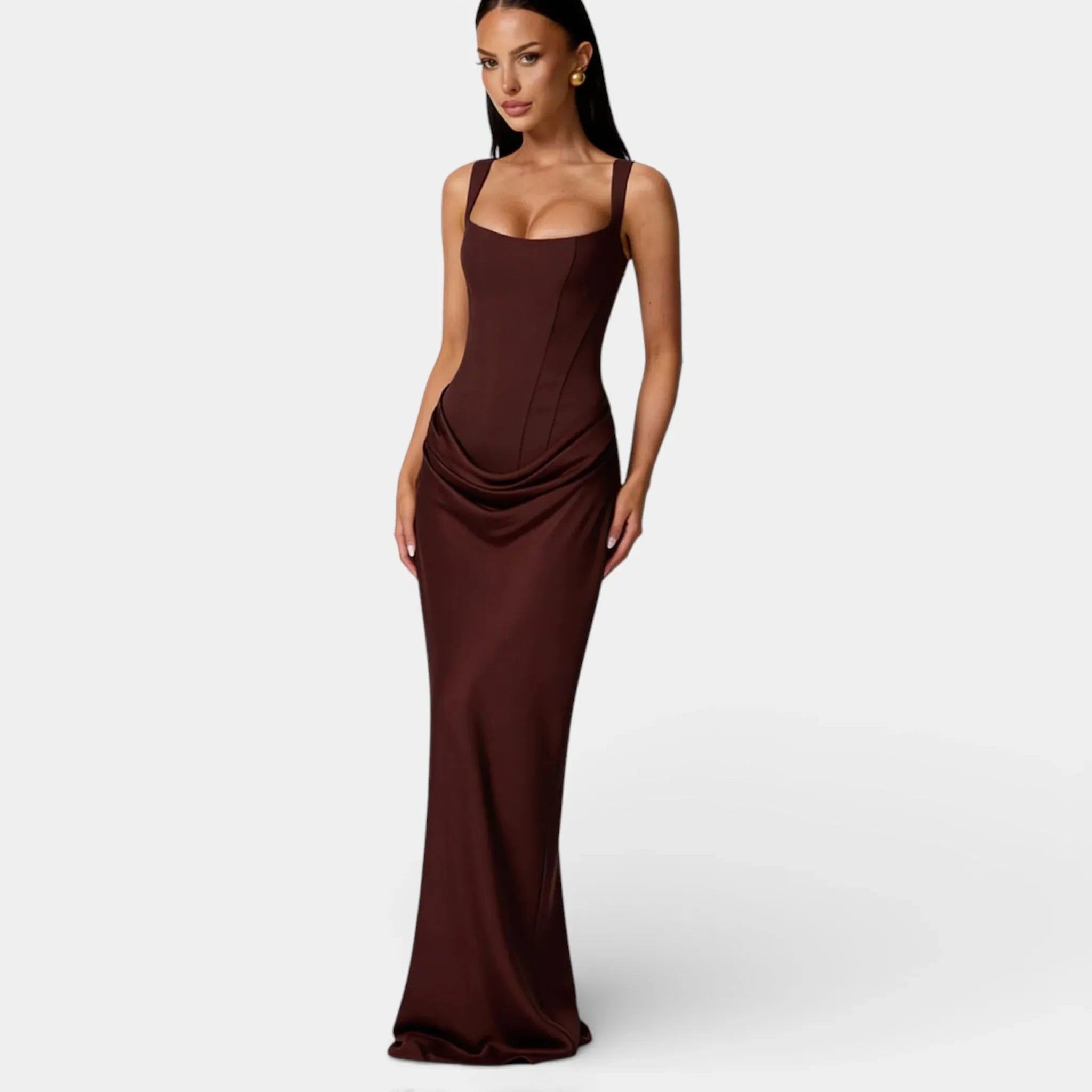 Off-Shoulder Pleated Maxi Dress for Women - Square Neck, Elegant Evening Wear, Lightweight Fabric, Perfect for Special Occasions