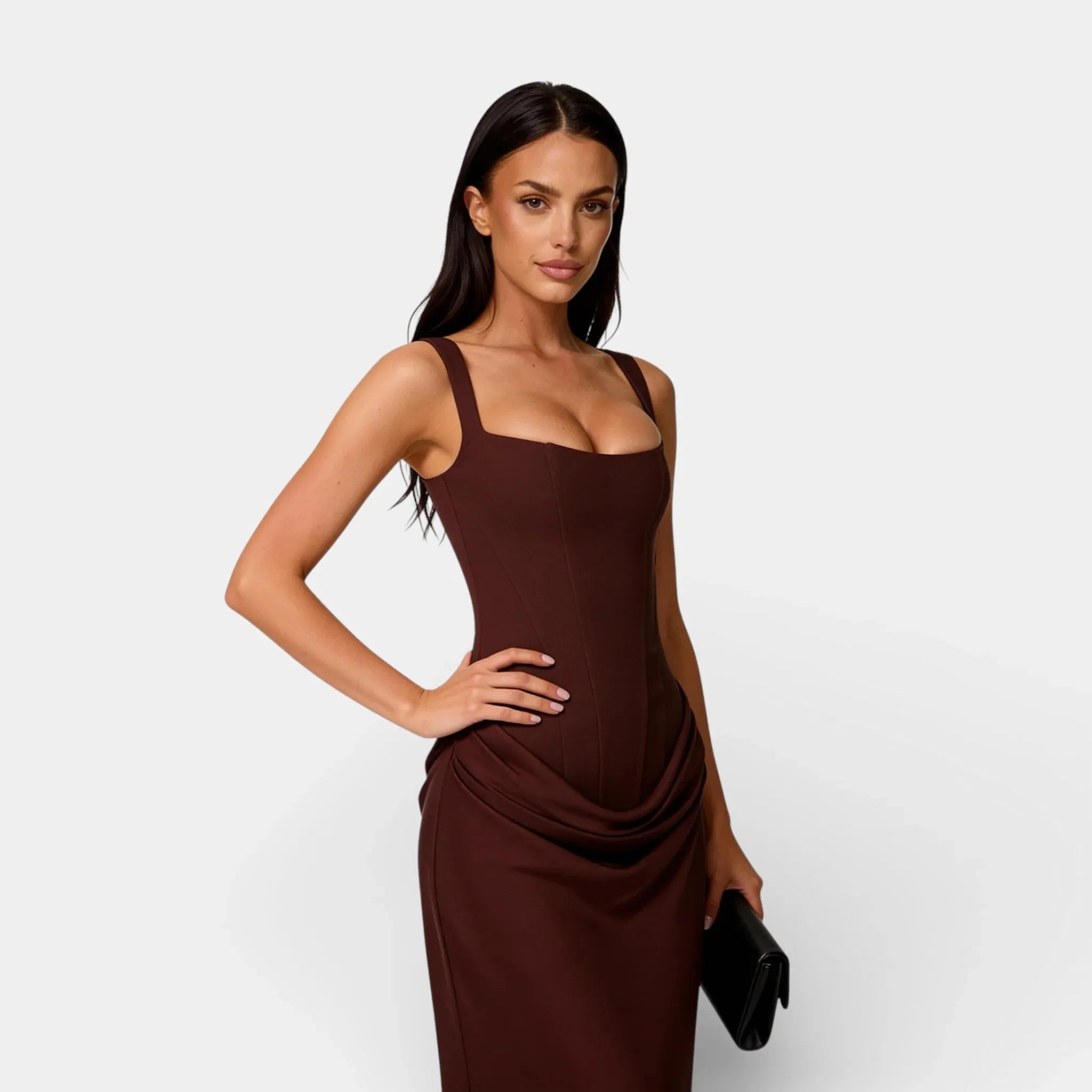 Off-Shoulder Pleated Maxi Dress for Women - Square Neck, Elegant Evening Wear, Lightweight Fabric, Perfect for Special Occasions