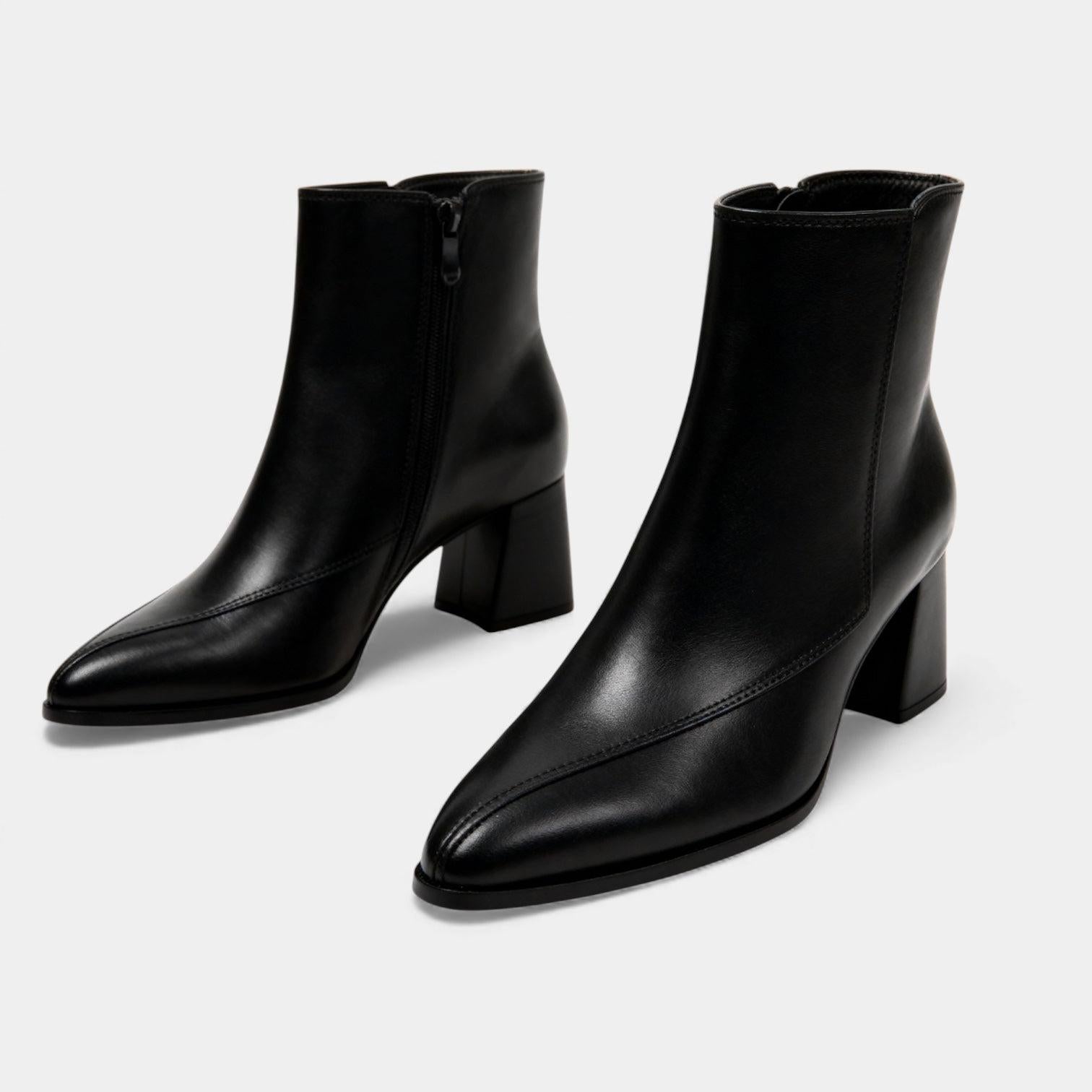 Pointed Toe Faux Leather Ankle Boots for Women - Block Heel, Side Zip Design for Casual and Dressy Occasions