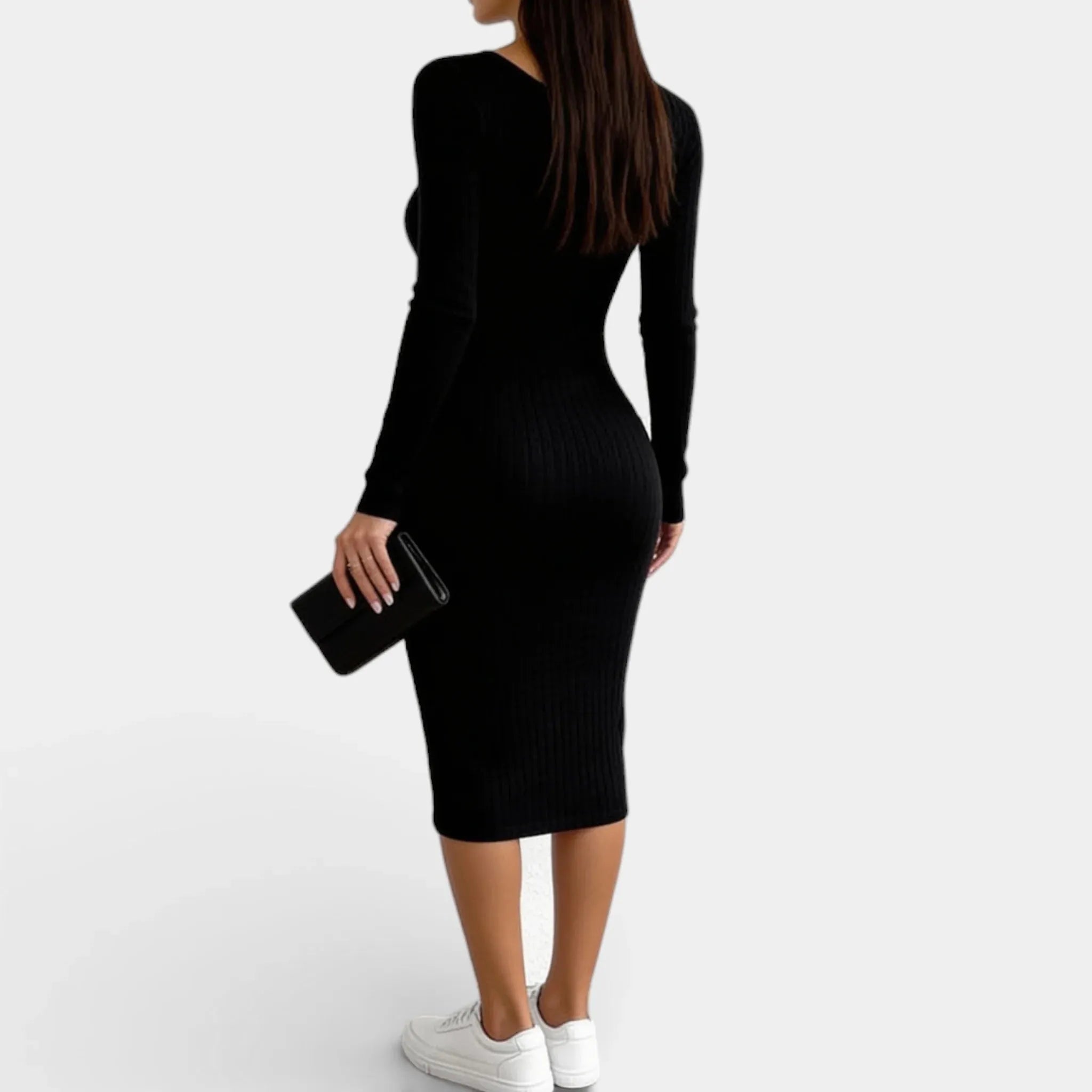 Ribbed Bodycon Midi Dress for Women - Long Sleeve with Neck Split - Casual or Party Wear - Available in Multiple Colors