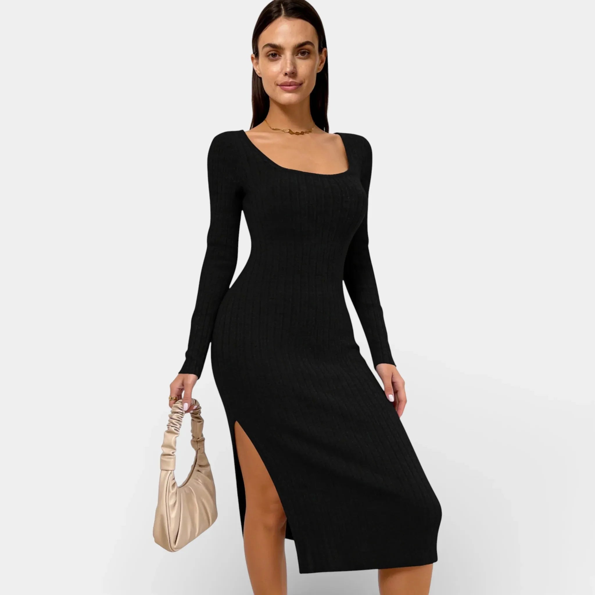 Ribbed Bodycon Midi Dress for Women - Long Sleeve with Neck Split - Casual or Party Wear - Available in Multiple Colors