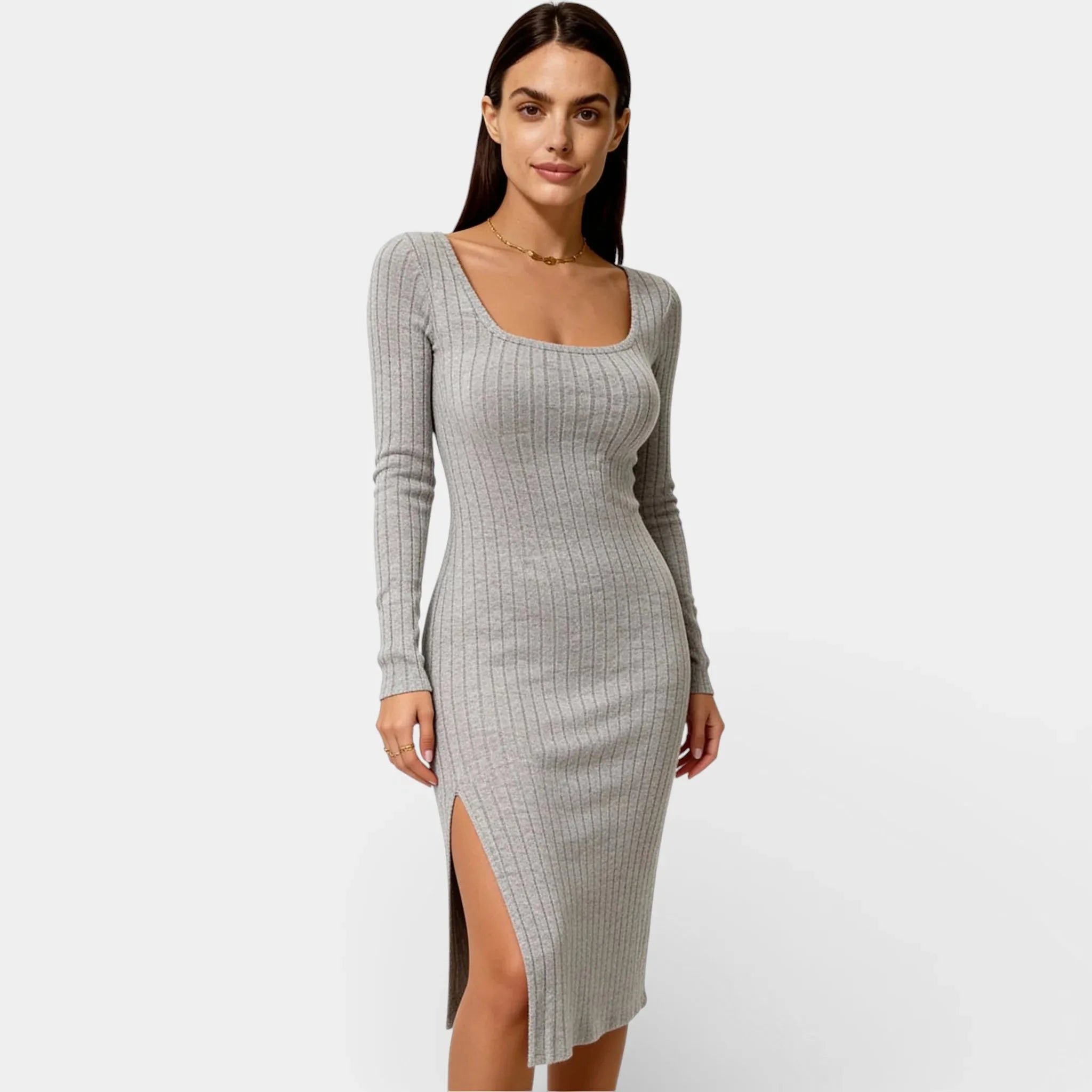 Ribbed Bodycon Midi Dress for Women - Long Sleeve with Neck Split - Casual or Party Wear - Available in Multiple Colors