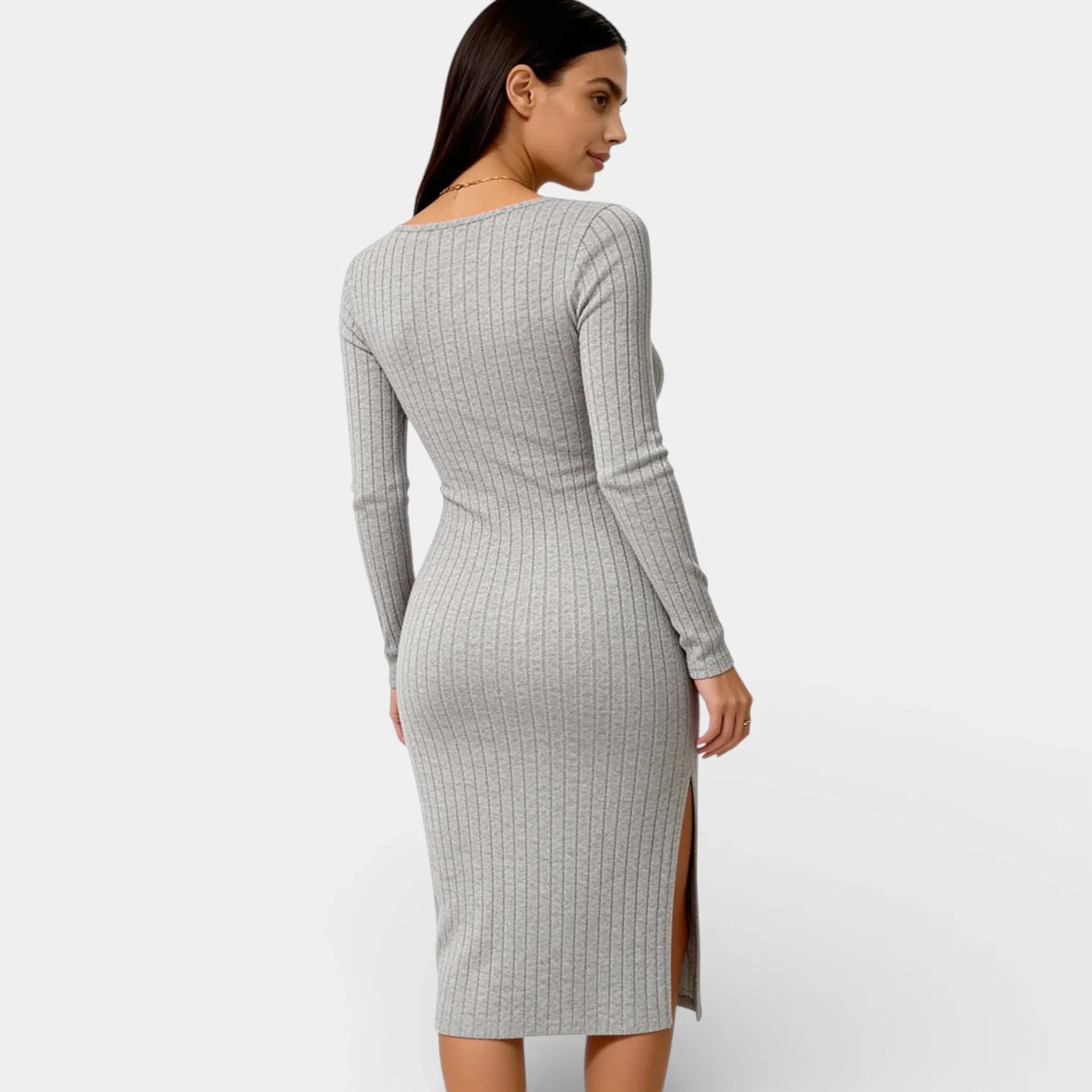 Ribbed Bodycon Midi Dress for Women - Long Sleeve with Neck Split - Casual or Party Wear - Available in Multiple Colors