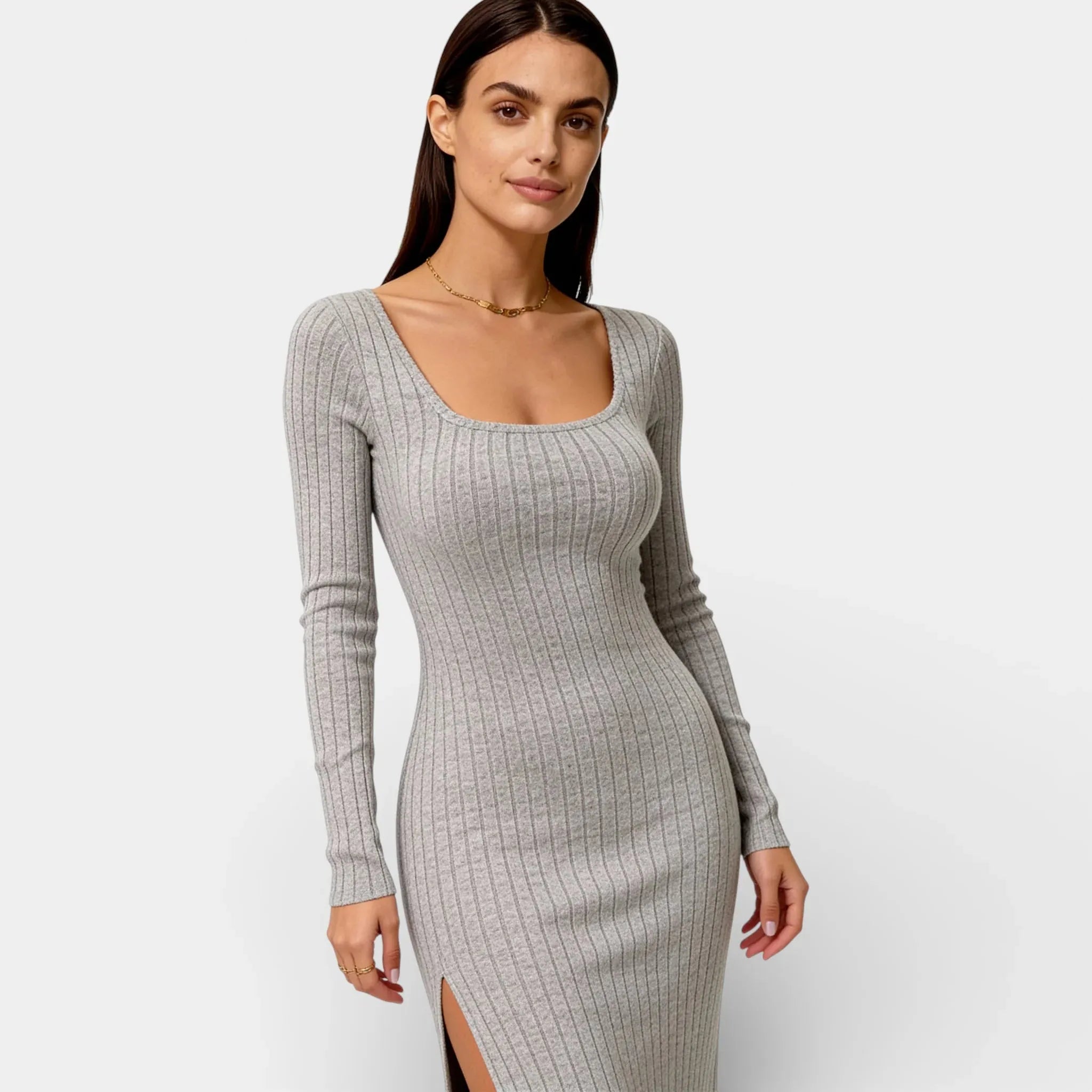 Ribbed Bodycon Midi Dress for Women - Long Sleeve with Neck Split - Casual or Party Wear - Available in Multiple Colors