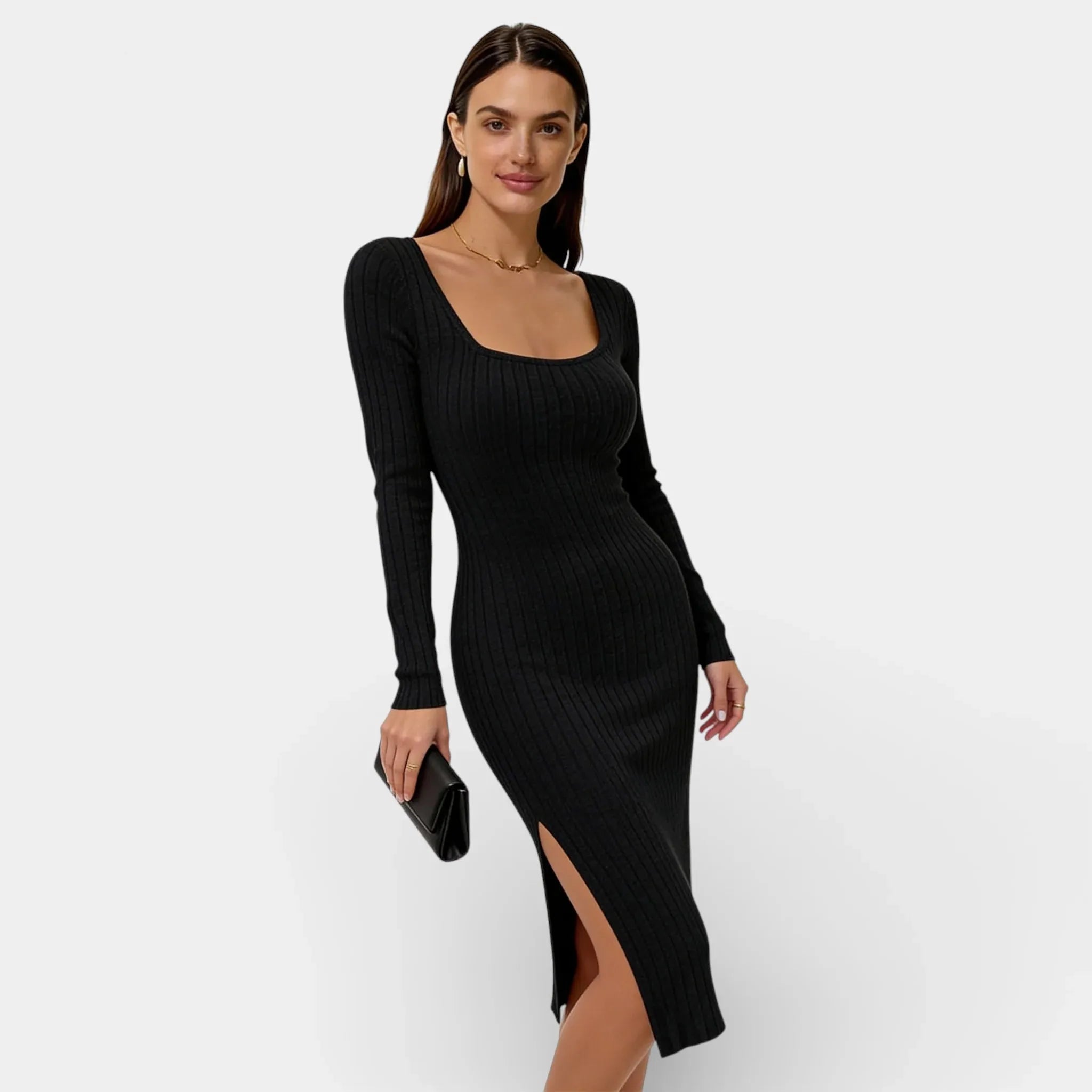 Ribbed Bodycon Midi Dress for Women - Long Sleeve with Neck Split - Casual or Party Wear - Available in Multiple Colors