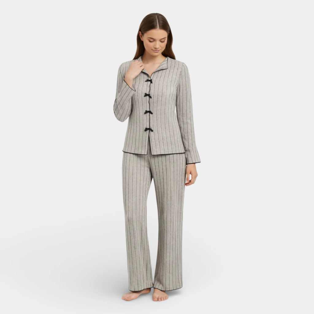 Ribbed Knit Button Front Pajama Set for Women - Cozy Sleepwear in Soft Fabric - Perfect for Relaxing and Lounging