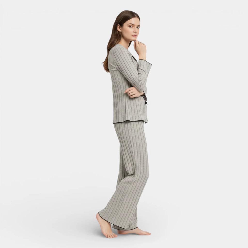 Ribbed Knit Button Front Pajama Set for Women - Cozy Sleepwear in Soft Fabric - Perfect for Relaxing and Lounging